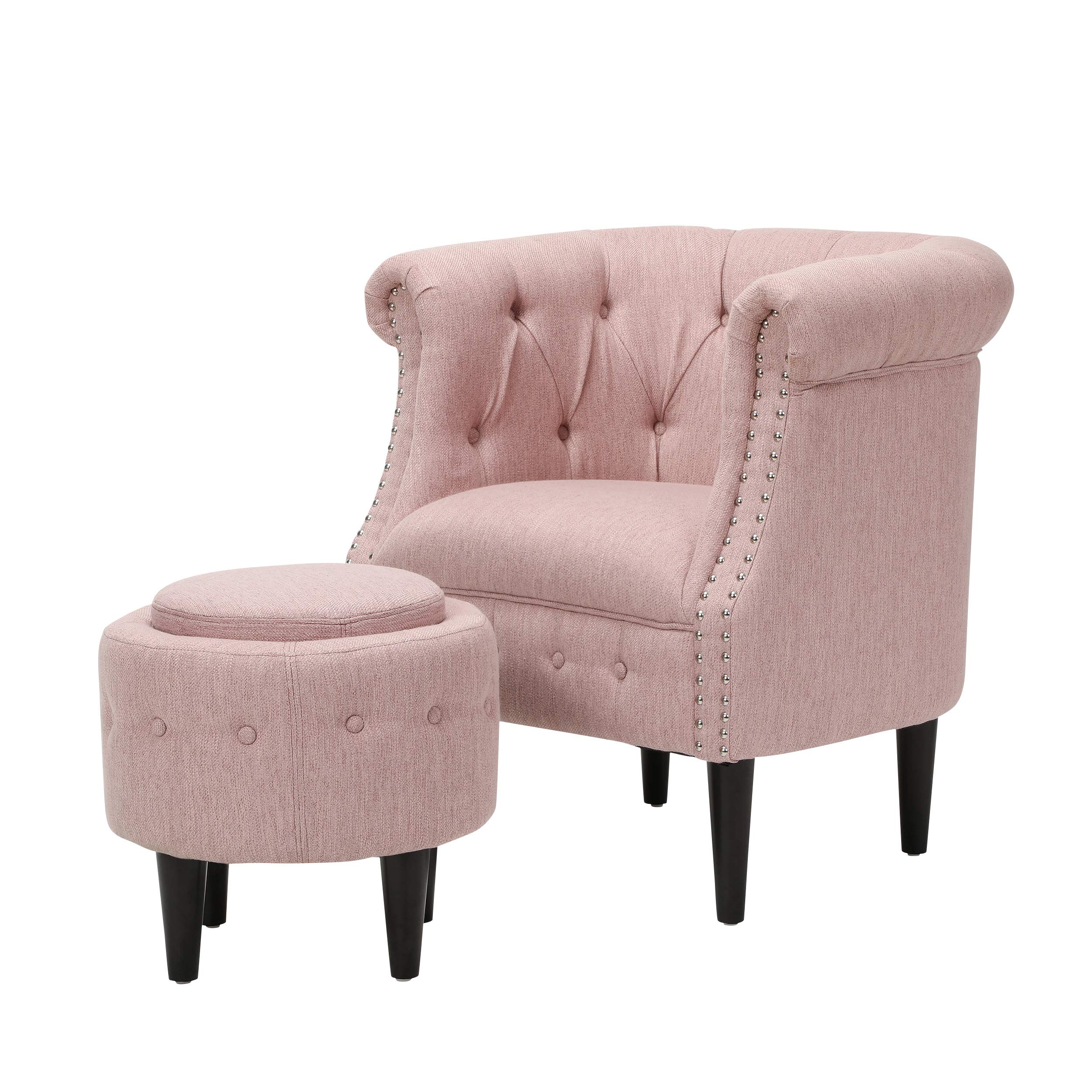 GDFStudio Petite Tufted Fabric Chair and Ottoman Set in Light Blush & Dark Brown - Compact Living Room Furniture for Small Spaces, Apartment Decor, Cozy Reading Nook Accent Chair