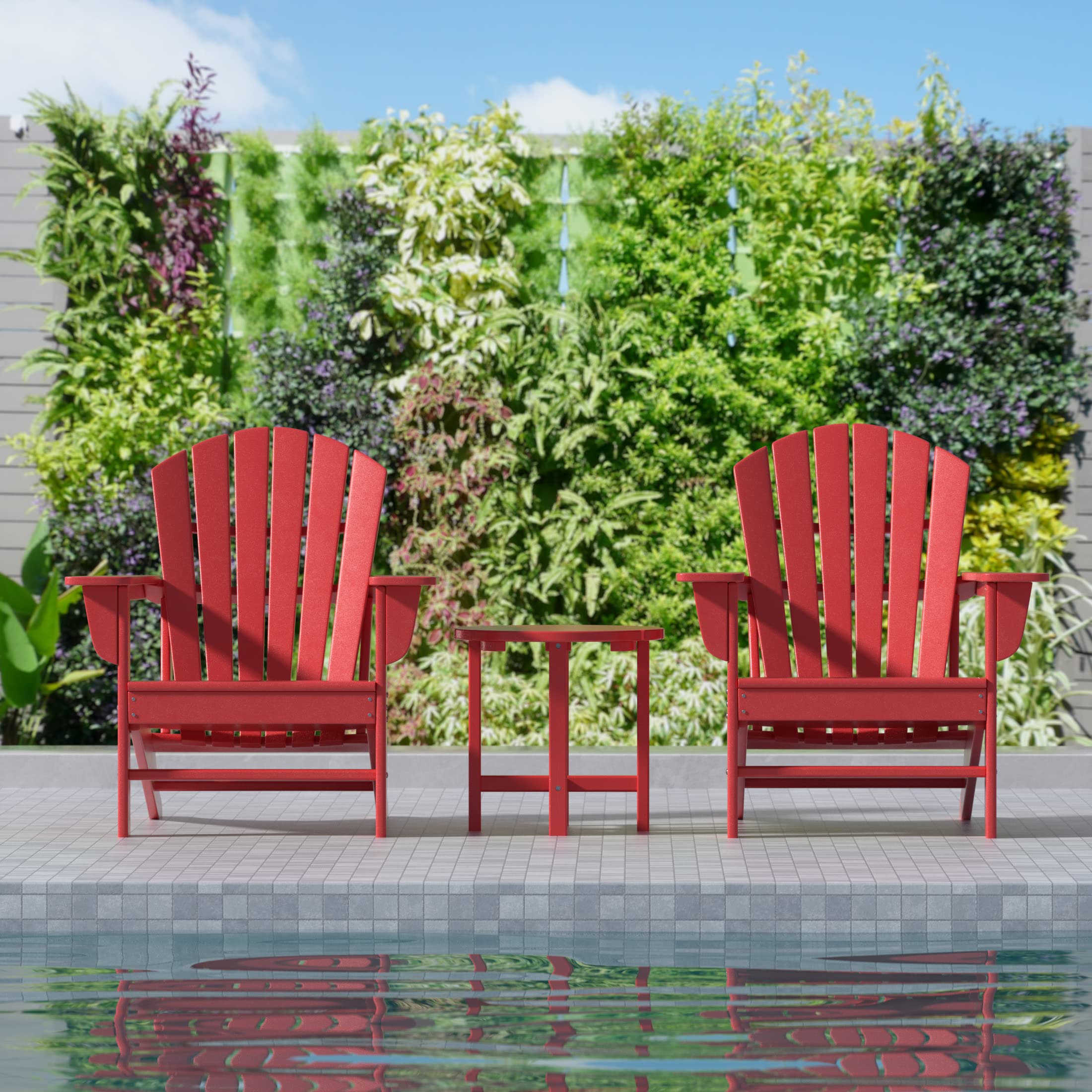 WO Home Furniture 2-Piece Outdoor Adirondack Chair Set with Side Table - Durable Poly Lumber Seating for Beach, Balcony, Patio, Backyard, Lawn & Garden - Classic Retro Lounge Chairs in Red - Perfect for Relaxing, Sunbathing & Outdoor Entertaining