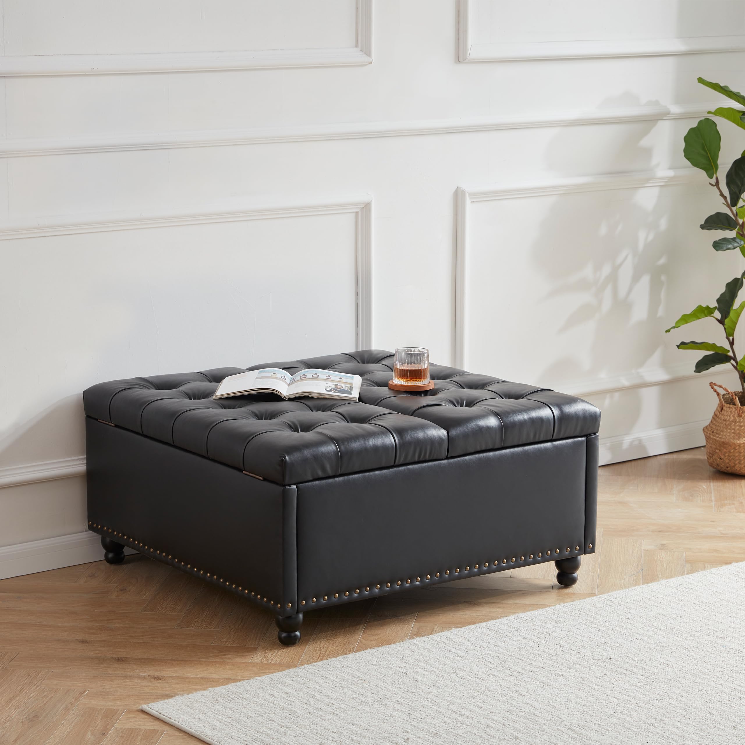 Tbfit Large Square Storage Ottoman Bench - Tufted Upholstered Coffee Table with Hidden Storage | Oversized Multi-Functional Ottoman Toy Box for Living Room, Bedroom & Nursery (Black) - Perfect for Extra Seating, Home Organization & Kids Toy Storage