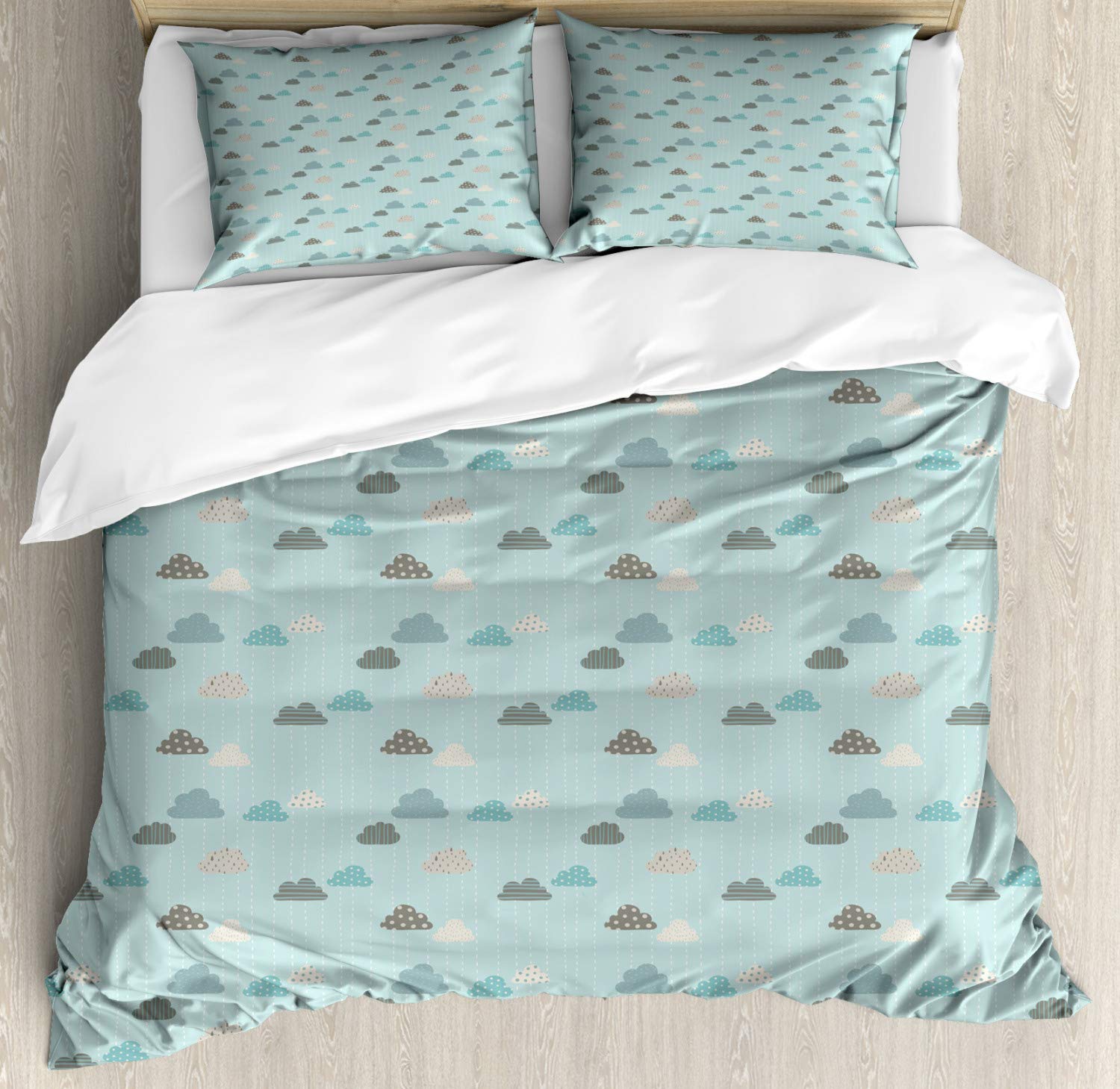Ambesonne Blue Sky Duvet Cover Set - King Size 3 Piece Bedding with Cloud, Polka Dot & Stripes Design, 2 Pillow Shams, Seafoam Multicolor - Perfect for Coastal, Boho & Modern Bedroom Decor