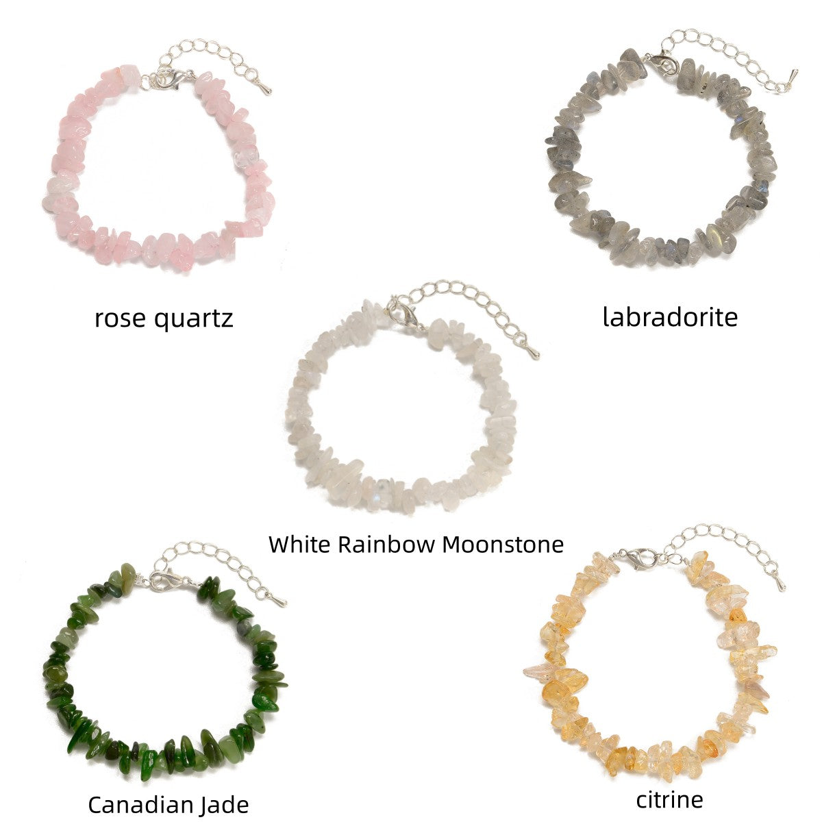 01 Mixed Gemstone Chips Bracelet with Silver Plated Clasp - 5mm & 8mm Beads - Adjustable 7