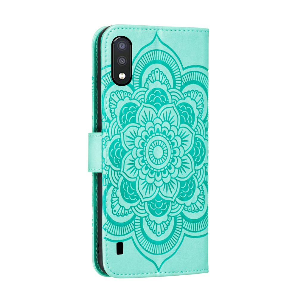 Premium PU Leather Mandala Embossed Flip Wallet Case for Samsung Galaxy A01 - Shockproof Cover with Card Holder & Kickstand (Mandala Green) | Perfect for Daily Use, Travel & Business Meetings