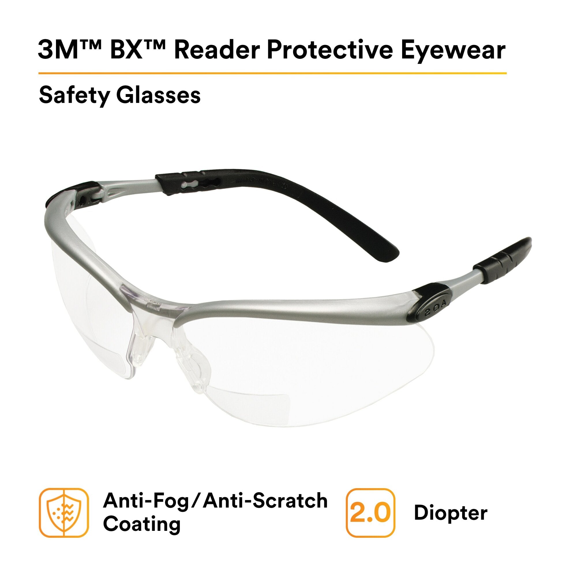 3M BX Reader Protective Eyewear 11375-00000-20 - Clear Lens & Silver Frame Safety Glasses for Reading, Computer Work, and DIY Projects