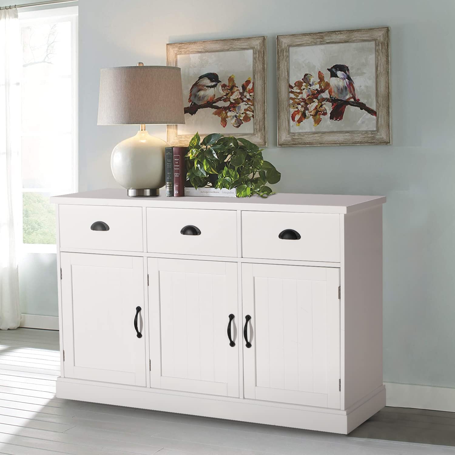White Buffet Cabinet with 3 Doors & 3 Drawers - Farmhouse Kitchen Storage for Dining & Living Room