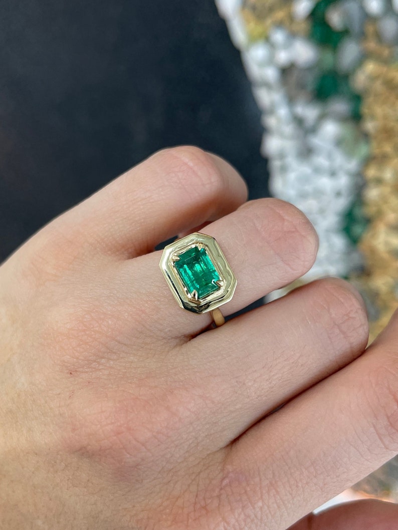 2.30ct 14K Natural East-West Dark Forest Green Emerald Cut Solitaire Yellow Gold Ring for Women - Elegant Engagement, Wedding, Anniversary Gift Idea