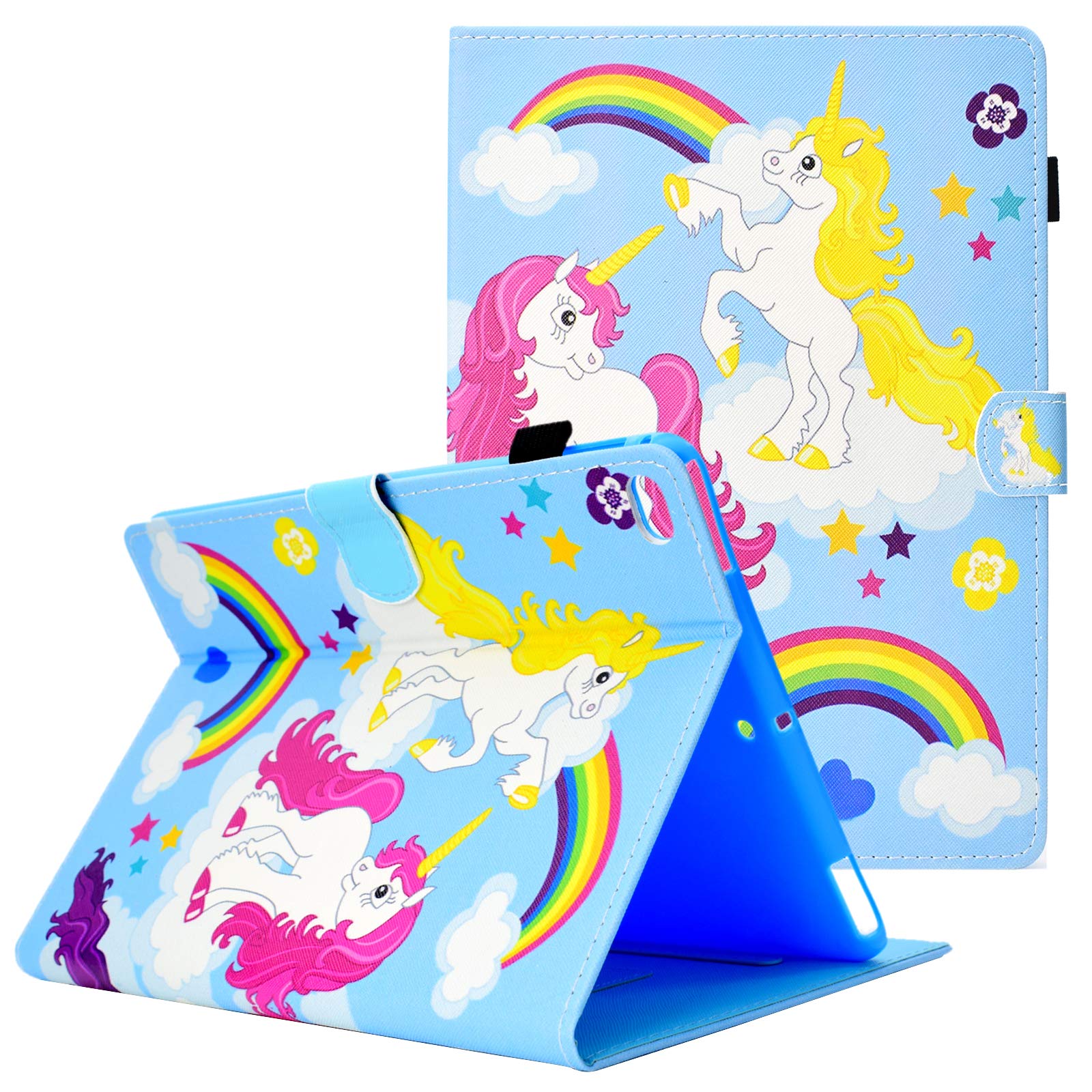 Premium PU Leather Folio Case for Apple iPad 9.7 Inch (6th/5th Gen & iPad Air 1/2) - Shockproof Stand Cover with Pencil Holder & Auto Sleep/Wake Feature - Rainbow Unicorn Design - Perfect for Work, School & Travel