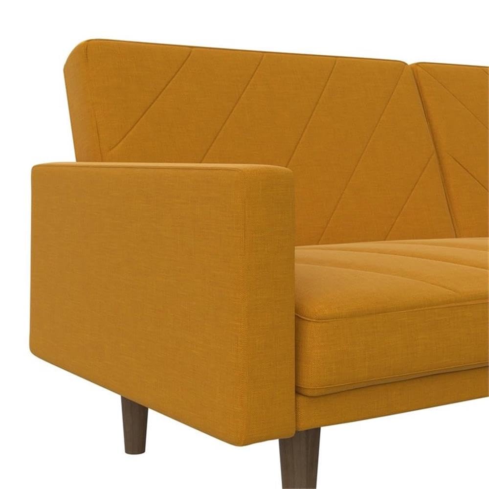 Pemberly Row Futon in Mustard Yellow Linen - Modern Convertible Sofa Bed for Small Spaces, Living Room & Guest Room