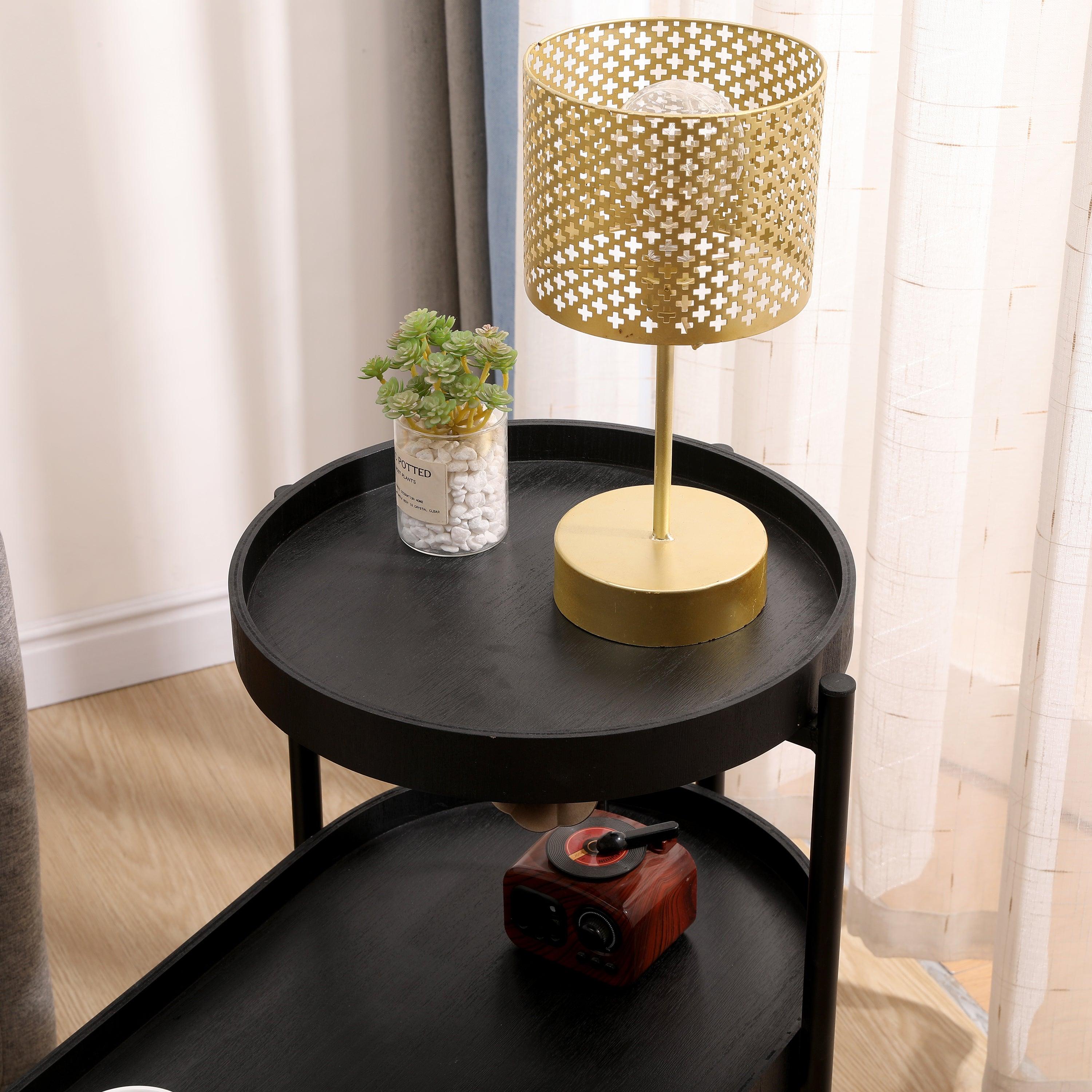 2 Tier Black Side Table with Storage - Metal Frame & Wooden End Table for Living Room, Bedroom, Office - Perfect Sofa Table, Nightstand, or Coffee Table Organizer