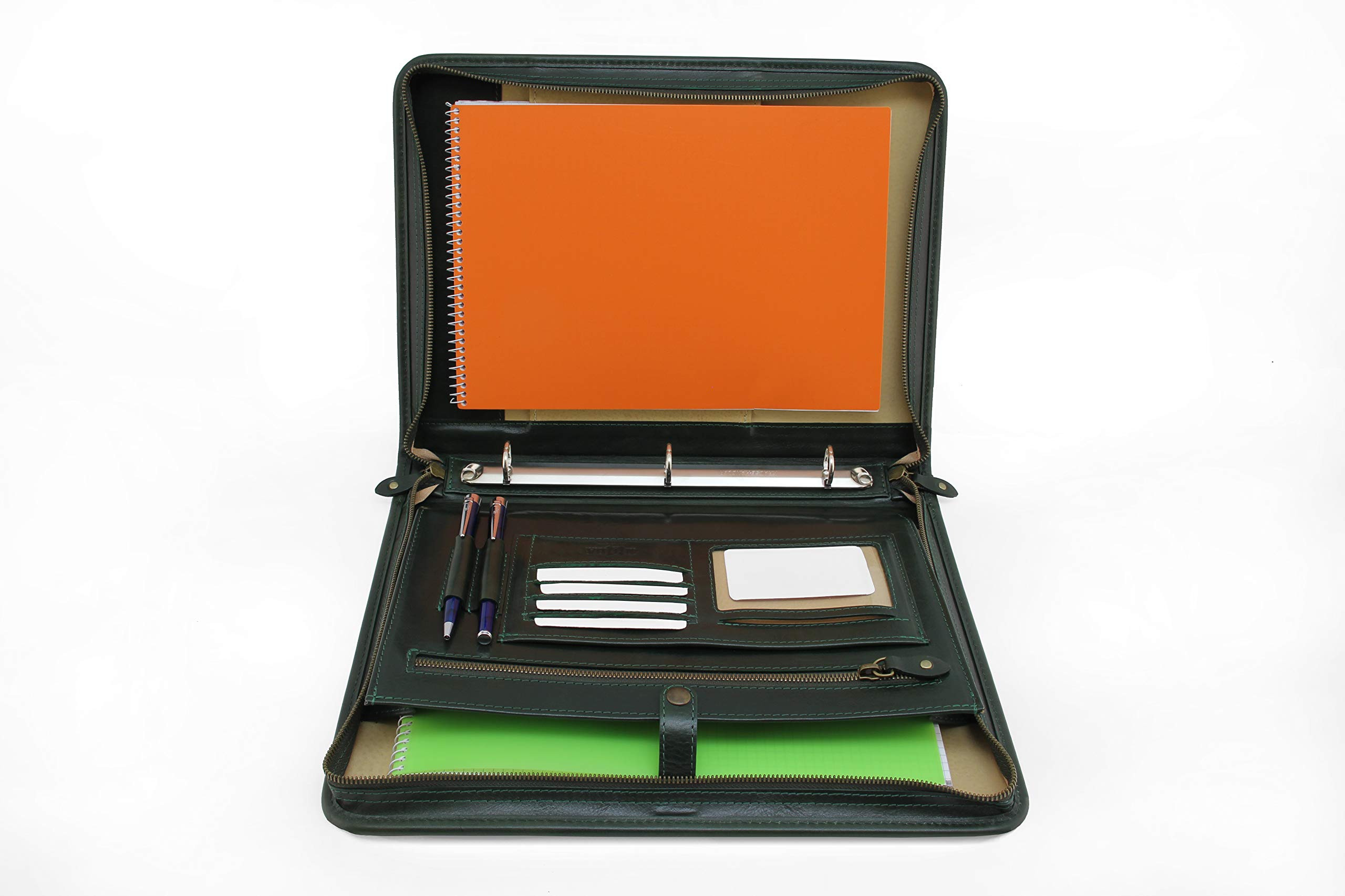 Professional Leather Portfolio 3-Ring Binder - Notebook & Legal Pad Organizer with Zipper Closure | A4 Size Business Padfolio for Men & Women (Green) | Perfect for Office Meetings, Presentations & Executive Gifting