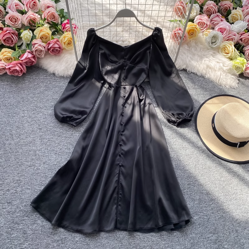 Elegant French Midi V-Neck Long Sleeve Summer Dress for Women - Perfect for Beach Vacations, Garden Parties & Date Nights