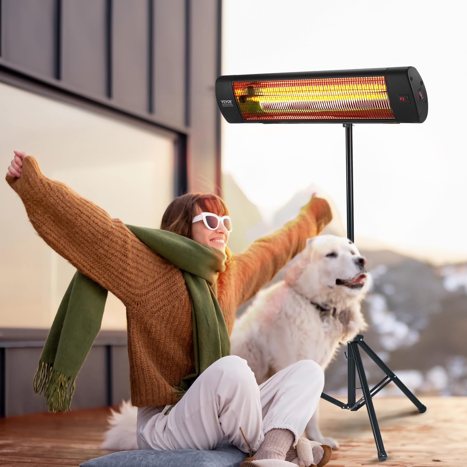 VEVOR 1500W Infrared Heater with Remote Control - 3 Speed Electric Space Heater with LED Display, Timer & Stand - Ceiling/Wall Mountable Patio Heater for Outdoor/Indoor Use - Perfect for Porch, Dining Room, Studio, Garage & Office Warming
