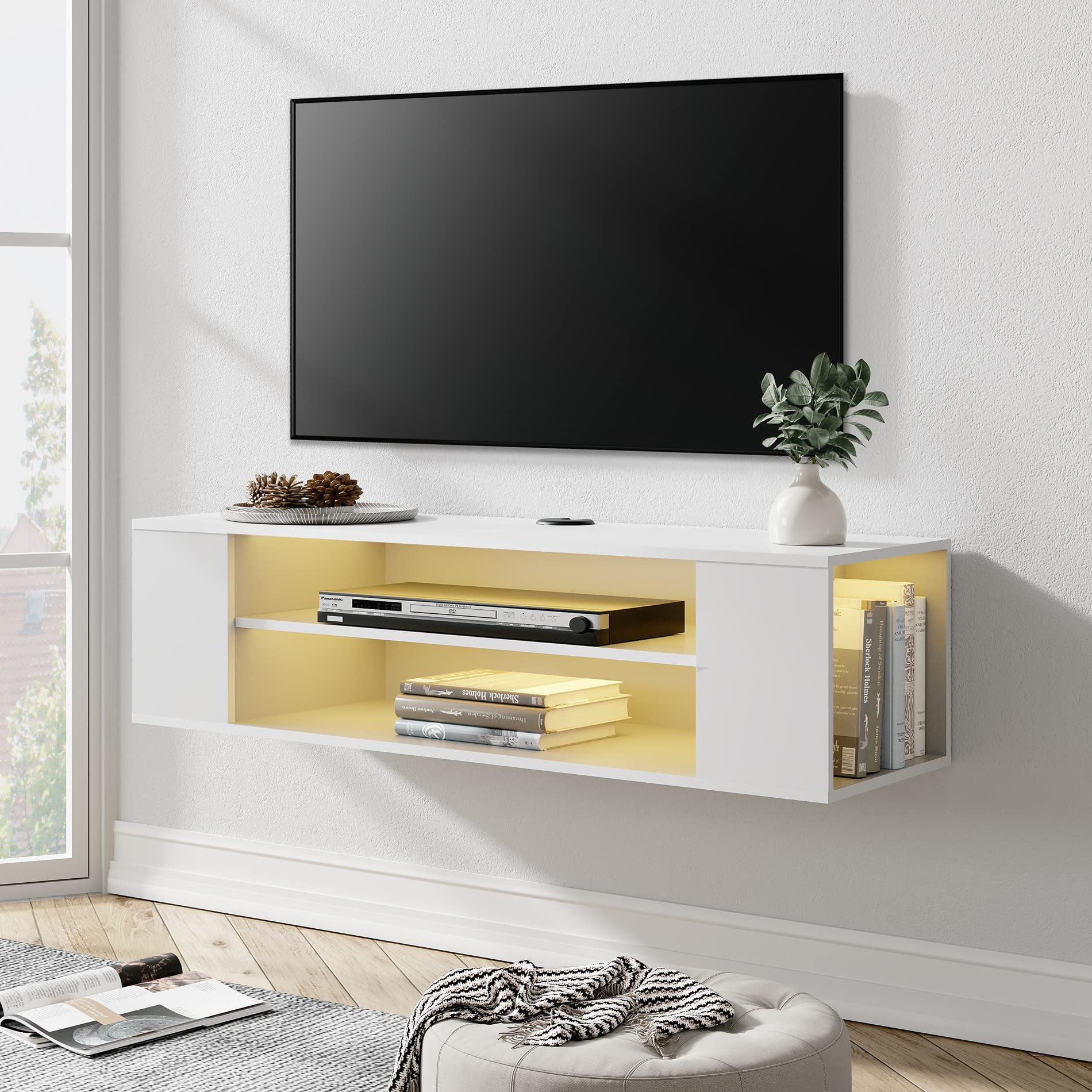 WAMPAT Floating TV Stand with LED Yellow Lights - Wall Mounted Entertainment Center for 32/43/55 inch TVs - Wooden Media Console Storage Cabinet with Under TV Desk - Perfect for Living Room & Bedroom (White)