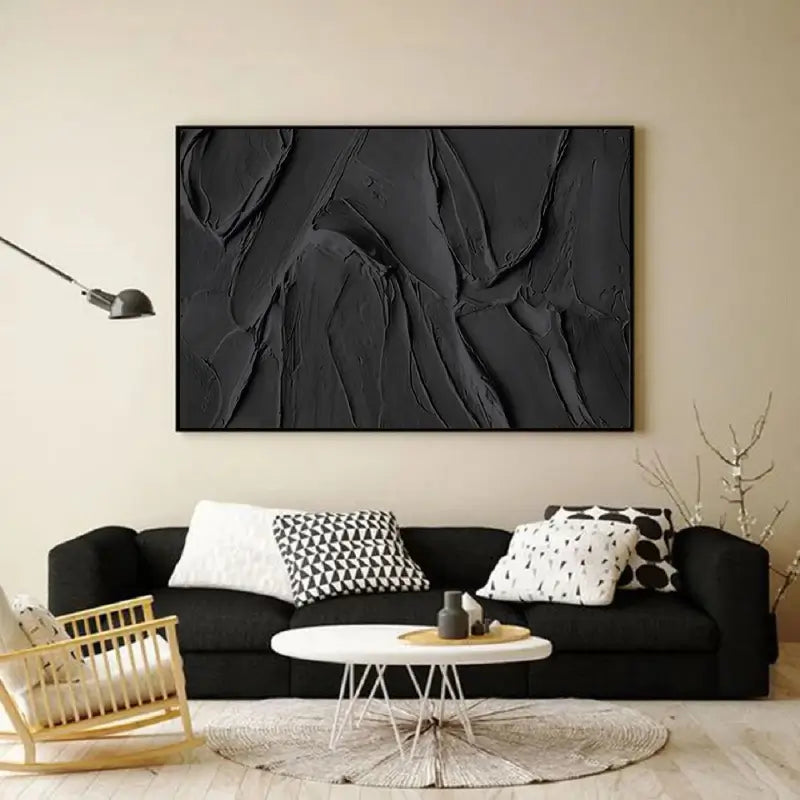 Black Plaster Art Minimalist Textured Painting - Modern Abstract Wall Decor for Living Room, Bedroom & Office | #MZ020
