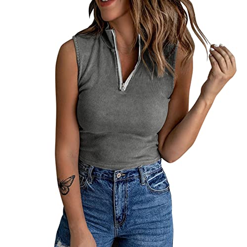 Pmmqrrkuu Women's High Neck Camisole - Zipper Tank Top Henley Shirt with Ribbed Sleeveless Design | Summer T-Shirt Vest for Casual Wear, Layering & Office Outfits