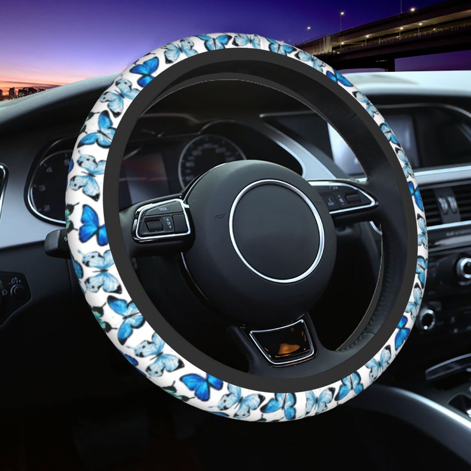 Stylish Blue Butterfly Steering Wheel Cover for Women - Universal Fit 15 Inch Car Accessory - Soft Grip & Sun Protection - Perfect for Daily Commute & Road Trips