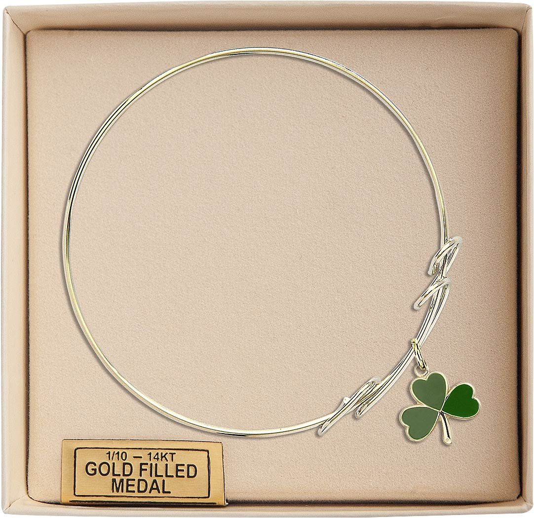 Gold-Filled Round Double Loop Bangle Bracelet with Shamrock Charm - Elegant Irish Jewelry for St. Patrick's Day & Everyday Wear