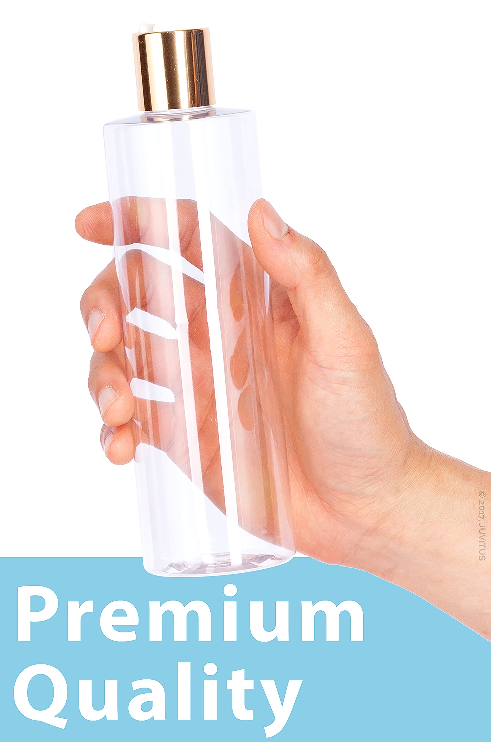 JUVITUS 12 oz Clear PET Plastic Bottles with Gold Disc Cap - BPA Free, 6 Pack - Ideal for DIY Crafts, Essential Oils, Hair Dye & Cosmetic Storage