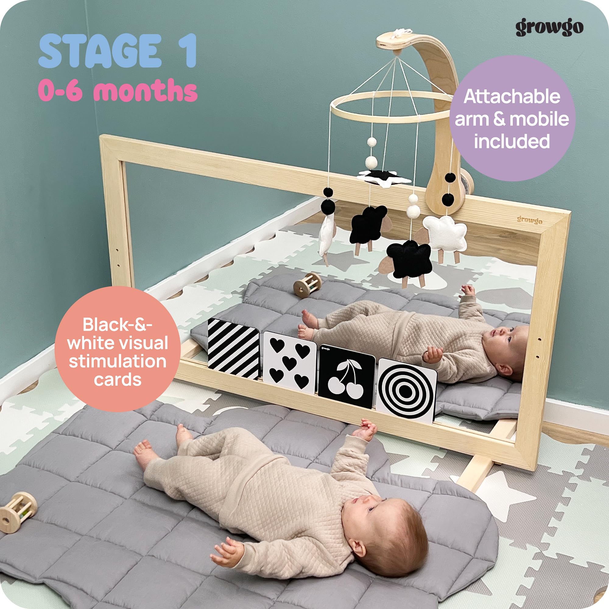Montessori Baby Mirror Wall - 3-in-1 Shatterproof Mirror with Wooden Pull Up Bar | Safe Infant Development Toy for Crawling & Walking Practice | Perfect for Nursery, Playroom & Montessori Classroom