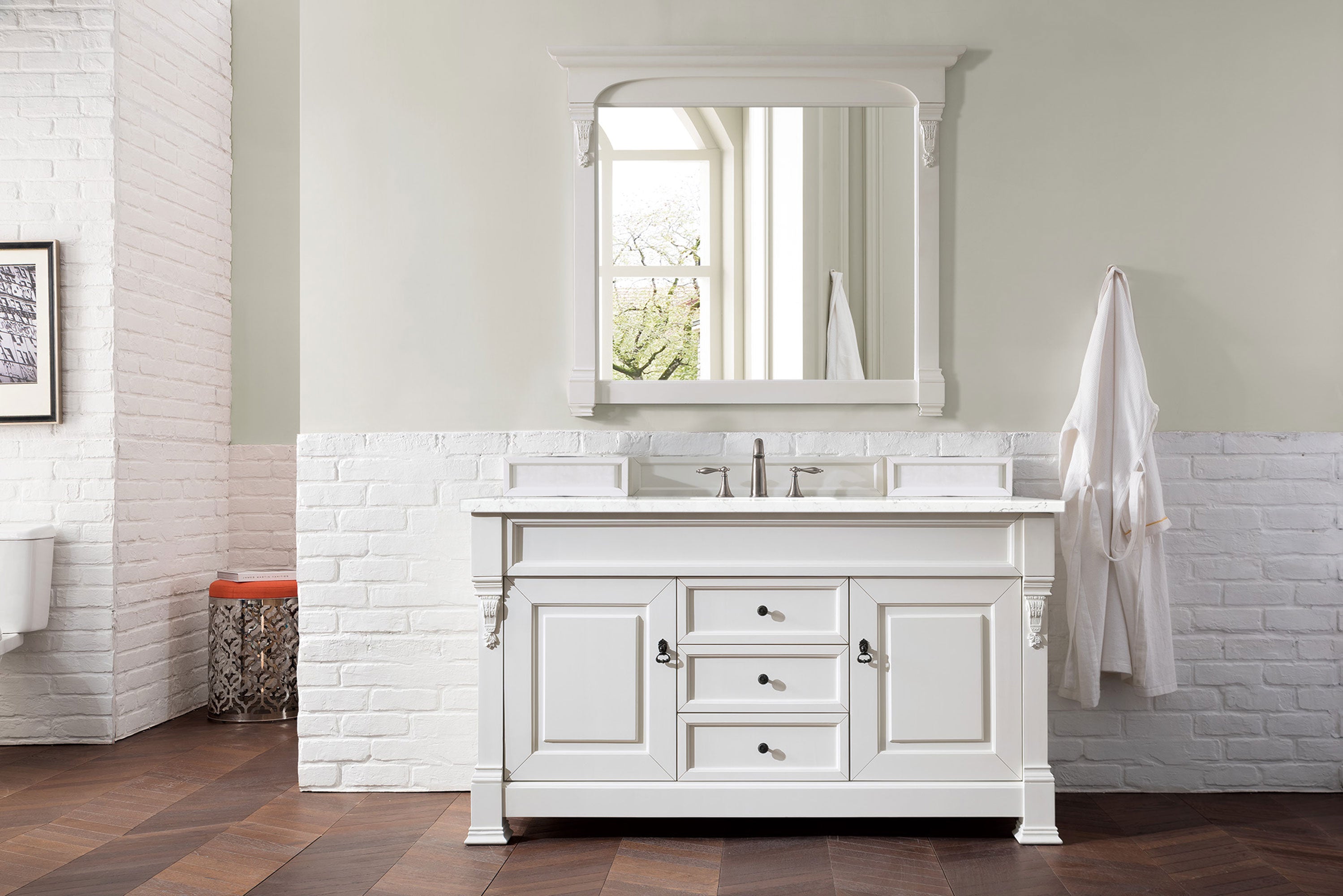 Brookfield 60 Inch Single Bathroom Vanity with Bright White Finish & 3CM Eternal Jasmine Pearl Quartz Top - Perfect for Modern Bathroom Renovations and Home Upgrades