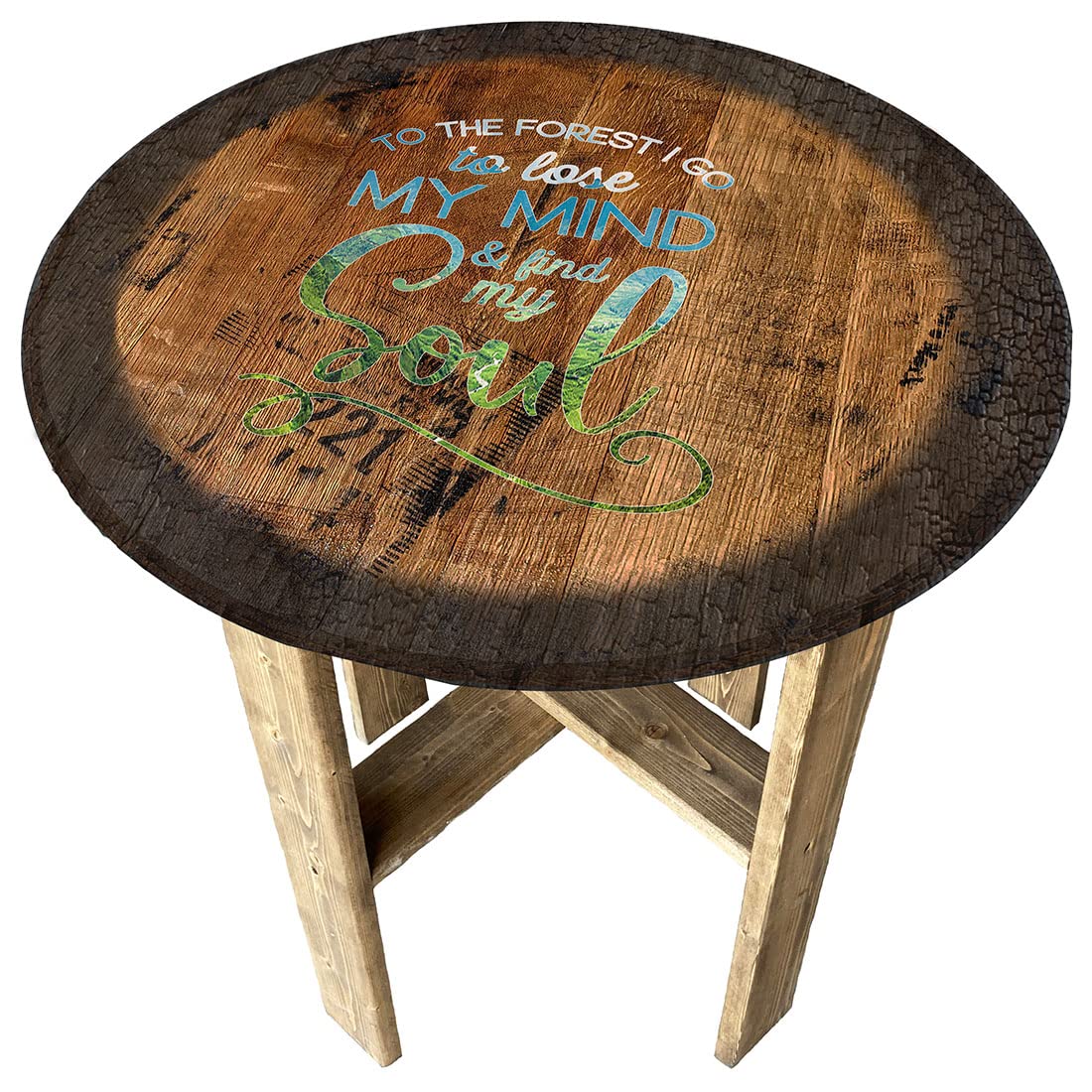 Rustic Whiskey Barrel End Table - Farmhouse Pub Decor, Unique Hiking Gift for Outdoor Enthusiasts - Perfect for Living Room, Man Cave, or Cabin Decor