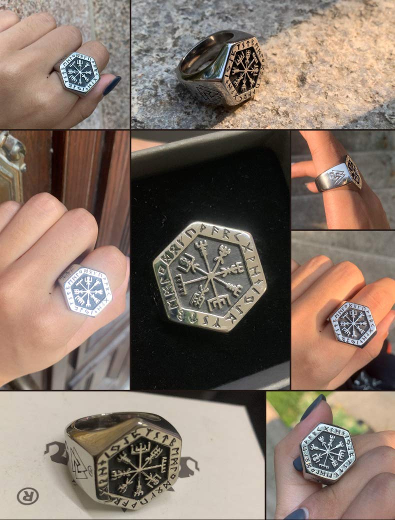 Viking Vegvisir Compass Ring for Men & Women - Stainless Steel Norse Rune Jewelry with Valknut & Tree of Life Engravings - Sizes 7-15 - Perfect for LARP, Cosplay, and Viking Enthusiasts