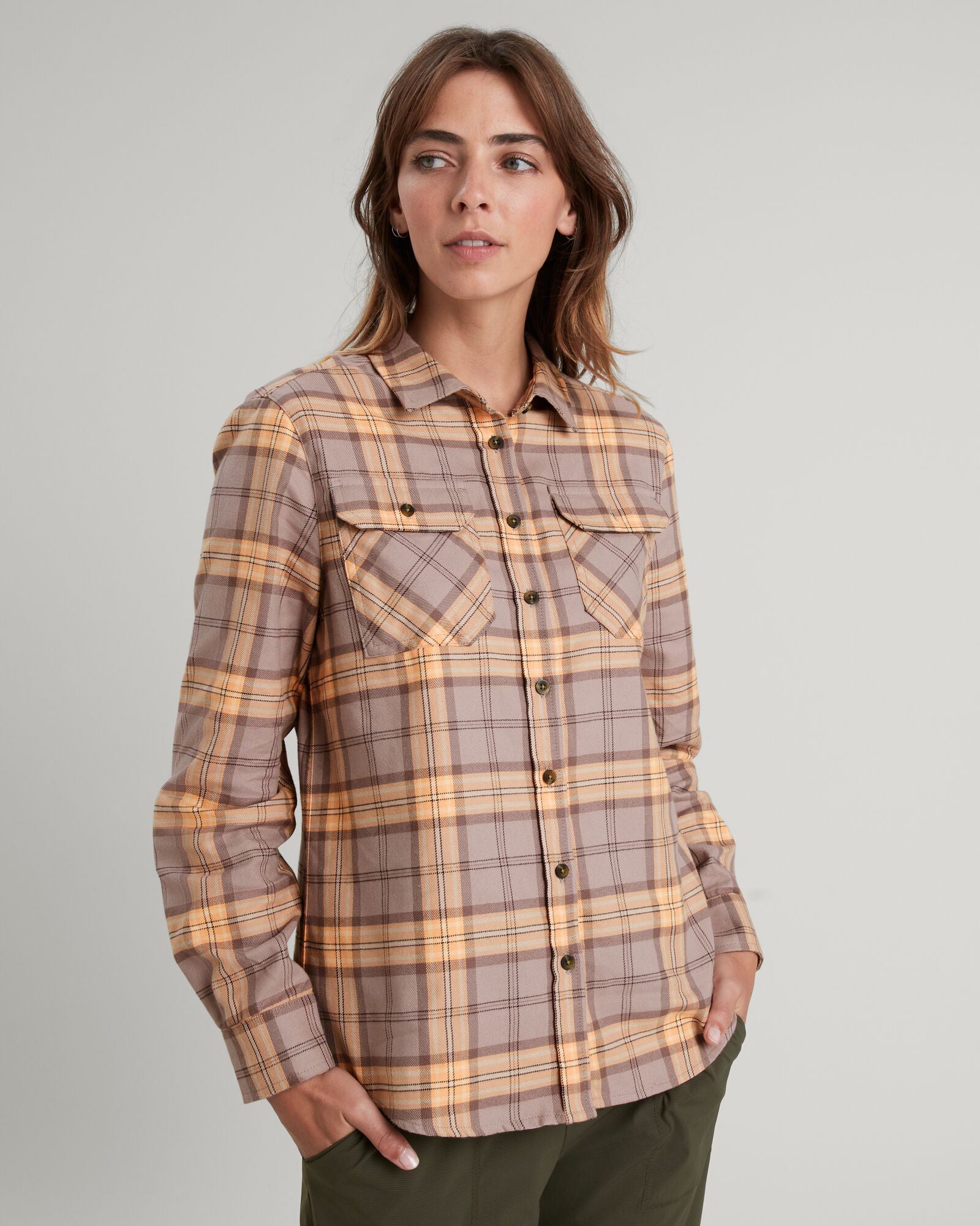 Carrillon Women's HF Long Sleeve Checkered Shirt in Taupe & Lolly - Perfect for Office Wear & Casual Outfits