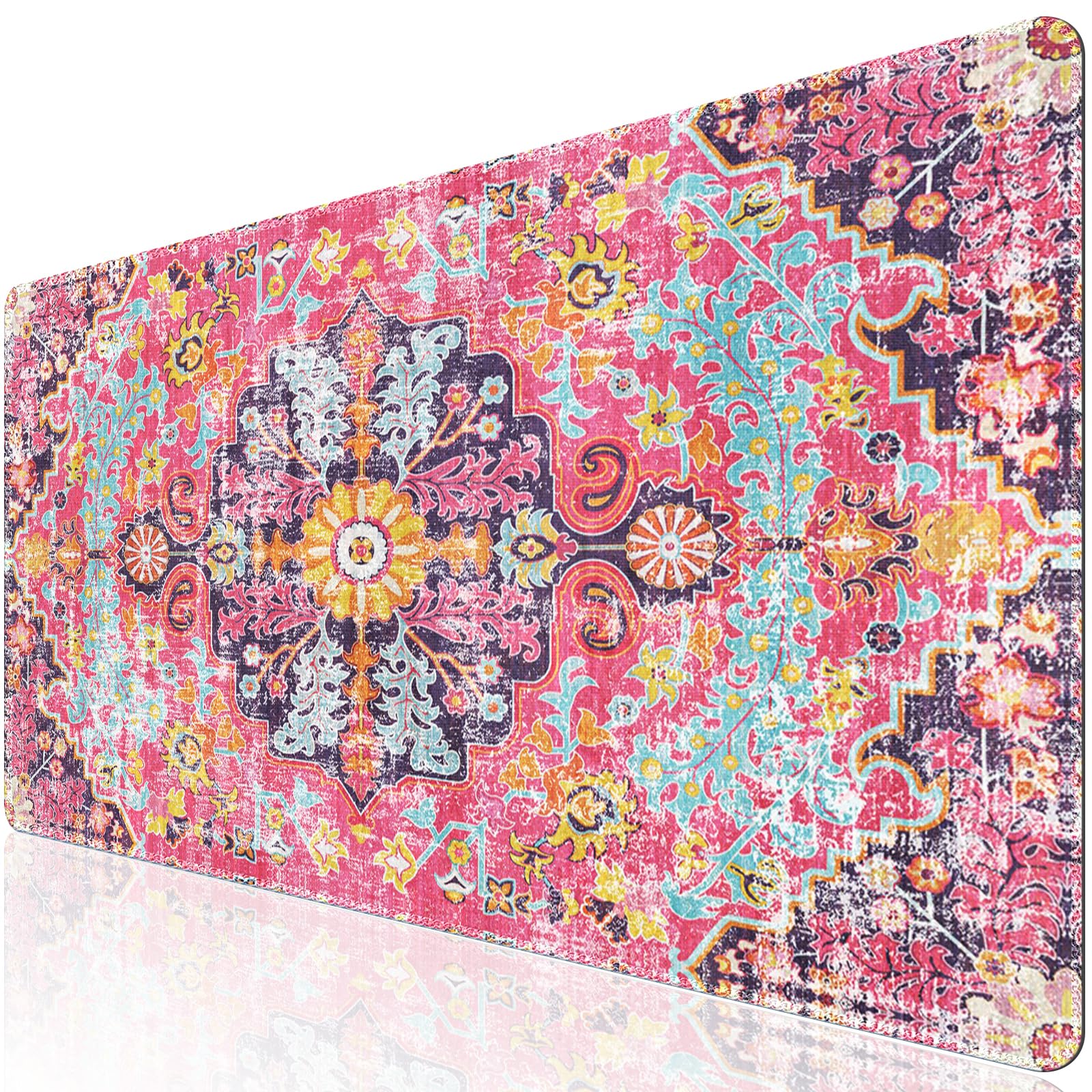 iLeadon Large Boho Desk Mouse Pad Mat - Smooth Lycra Surface, Non-Slip Rubber Base, Stitched Edges - Perfect for Office & Home Workspace (Boho Floral Design) | Computer Desk Cover, Keyboard Mat for Comfortable Typing & Mouse Movement