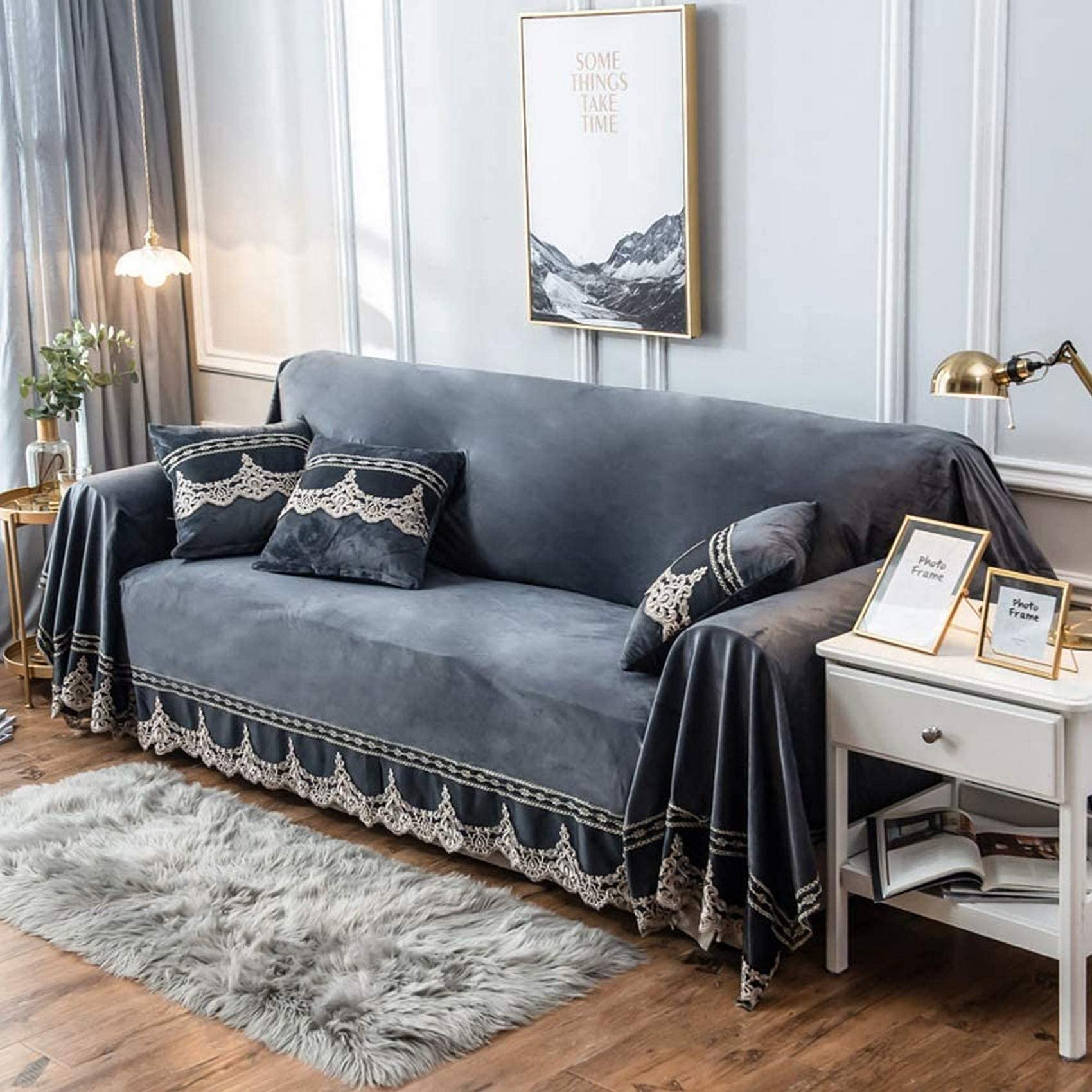 Luxury Velvet Sofa Cover for 3 Cushion Couch - 1 Piece Lace Furniture Protector - Sectional Sofa Slipcover for Loveseat & Recliner - Soft Throw Blanket (Grey, 200x380cm/79x150in) - Perfect for Living Room, Bedroom & Home Decor