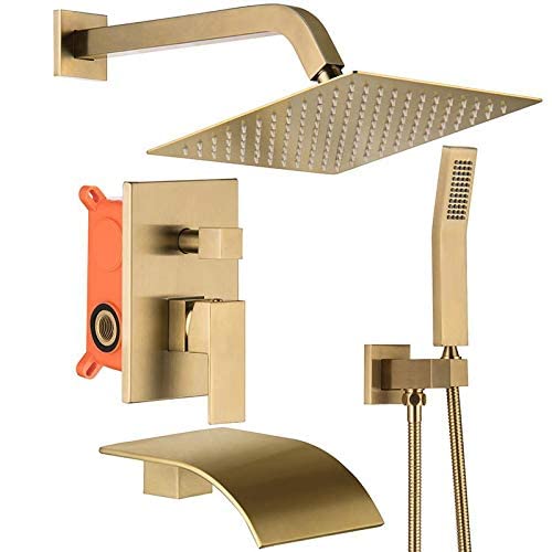 10 Inch Brushed Gold Shower System - Rain Shower Head & Handheld Shower Combo with Waterfall Tub Spout | Modern Bathroom Fixture Set for Luxurious Spa Experience (Model D1322)