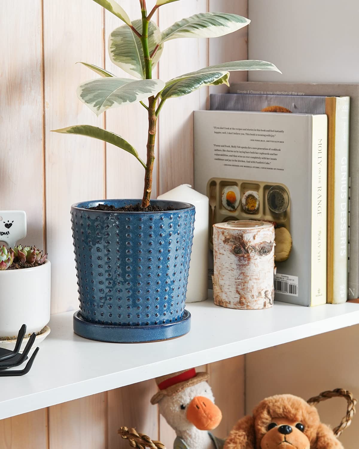 LE TAUCI 5.5 Inch Ceramic Flower Pots with Drainage Hole & Saucer - Set of 2 Reactive Glaze Blue Indoor Planters for Succulents, Snake Plants, Cactus - Perfect for Home Decor, Office Desk & Gift Giving