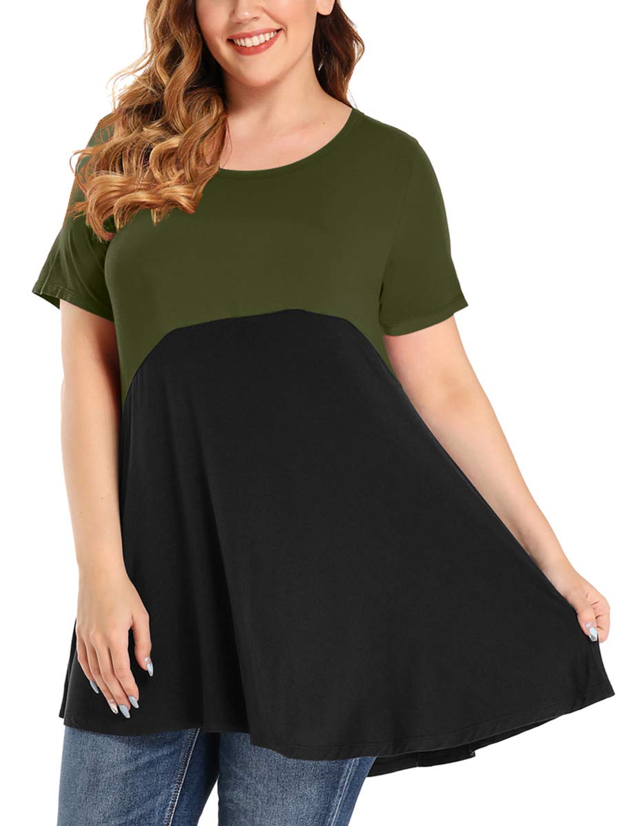 MONNURO Women's Plus Size Short Sleeve Tunic Top - Color Block Casual Loose Swing Tee for Summer | Comfortable T-Shirt to Wear with Leggings for Work, Yoga & Everyday Outfits