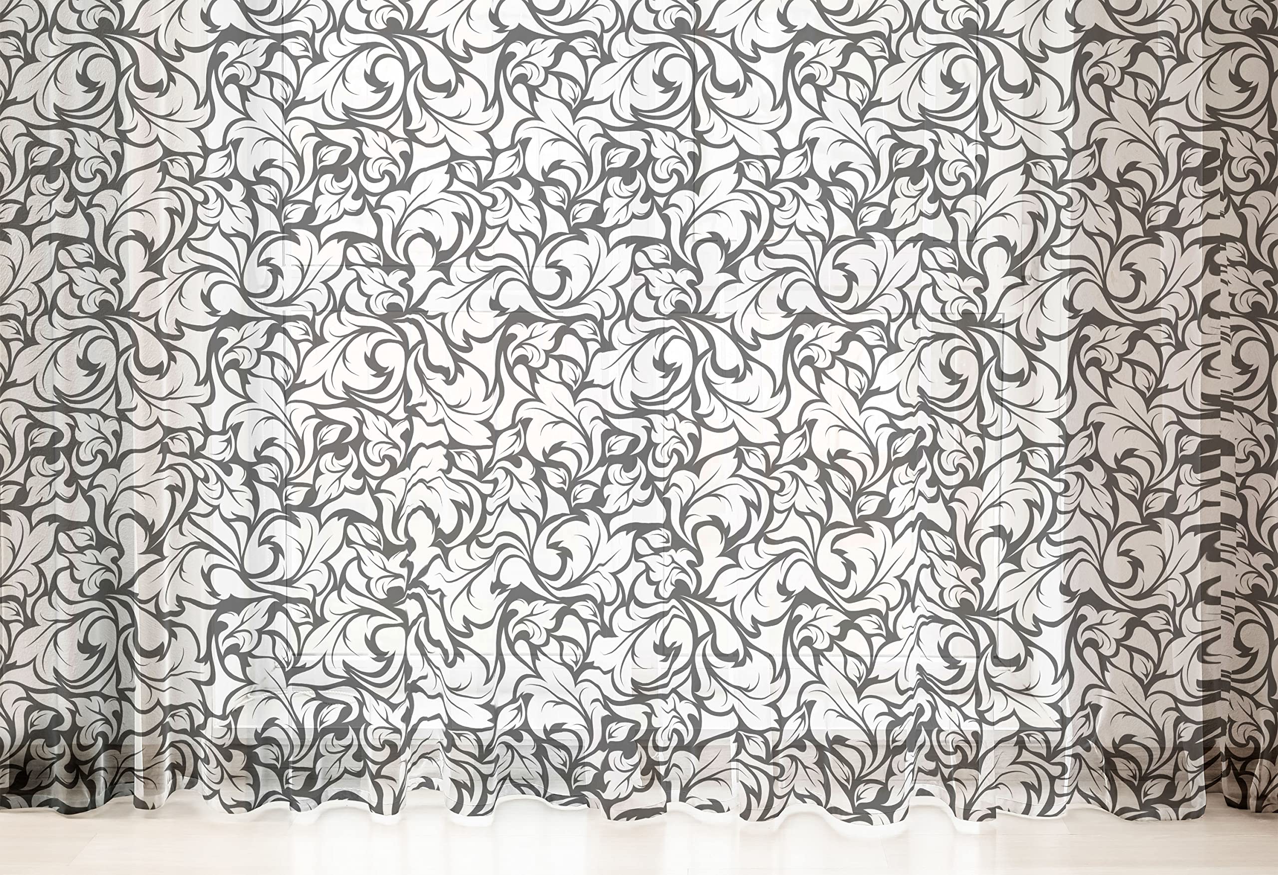 Ambesonne Floral Tulle Curtains with Rod Pocket - Monochrome Leaves Abstract Design, Sheer Drapes for Living Room & Bedroom, 108