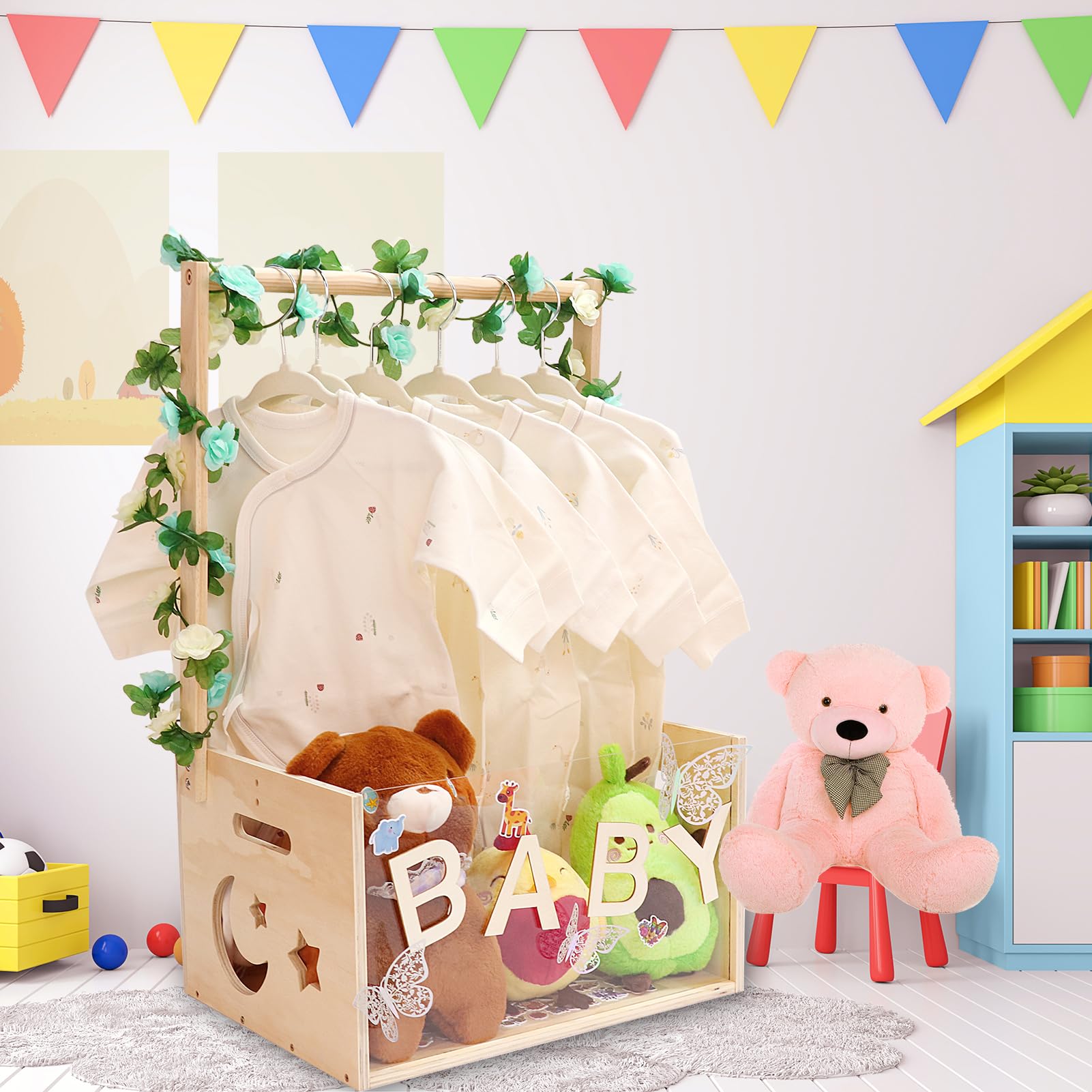 Custom Wooden Baby Shower Gift Crate with Hanger Rack - Personalized Nursery Storage Organizer for Newborns - Perfect Baby Shower Gift Basket for New Parents - Ideal for Nursery Decor & Baby Clothes Organization