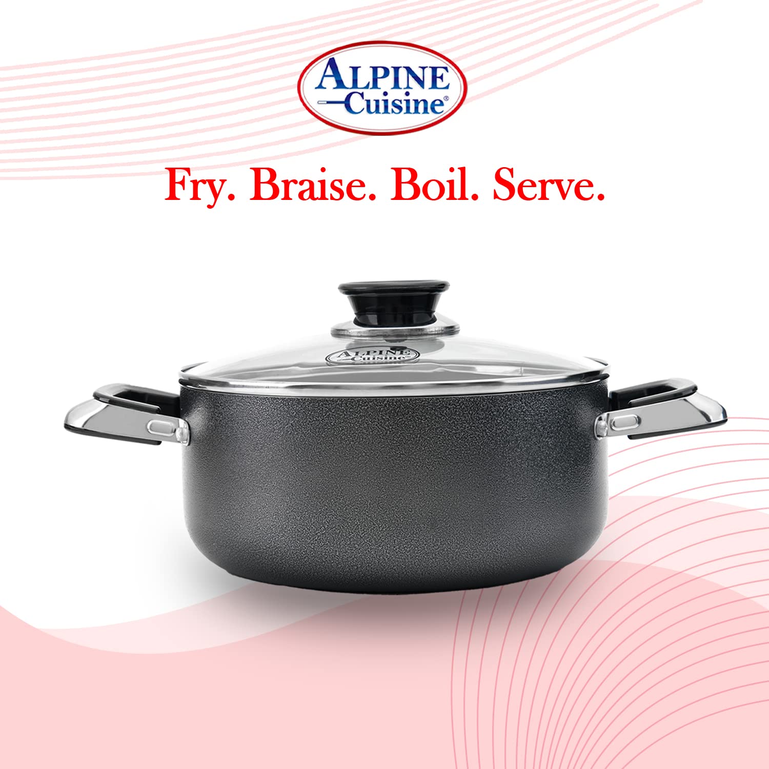 Alpine Cuisine 8.5 Quart Non-Stick Aluminum Dutch Oven with Tempered Glass Lid - Multi-Purpose Cookware for Braising, Boiling, Stewing, Soups & Pasta - Perfect for Home Cooking, Camping & Large Family Meals