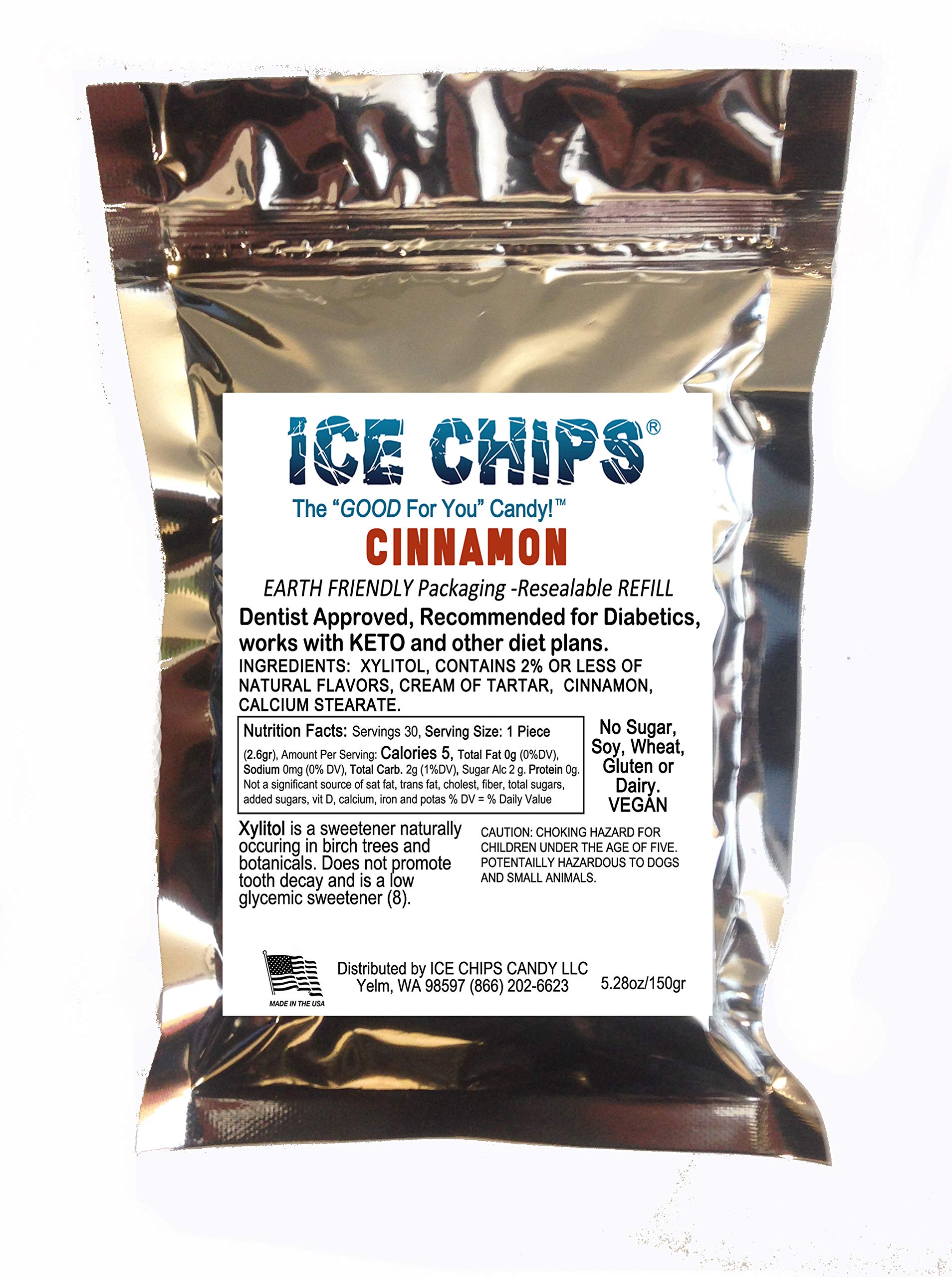 ICE CHIPS Xylitol Sugar-Free Candy - 5.28 oz Resealable Bag | Low Carb, Keto Friendly, Gluten Free Cinnamon Flavored Mints | Perfect for Diabetics, Weight Loss & Fresh Breath