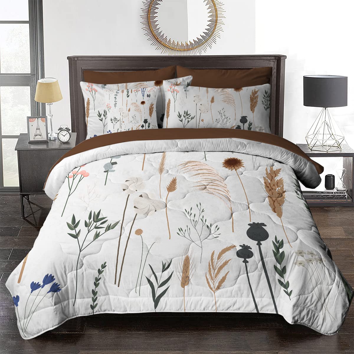 BlessLiving 8-Piece Queen Size Pampas Grass Comforter Set - Vintage Garden Floral Print Bedding (1 Comforter, 2 Shams, Flat & Fitted Sheets, 2 Pillowcases, Cushion Cover) for Boho Chic Bedroom Decor & Guest Room Makeover