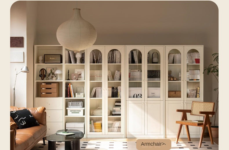 French Cream Style Poplar Solid Wood Bookcase with Glass Door - Whole Wall Combination for Living Room, Office & Library Storage