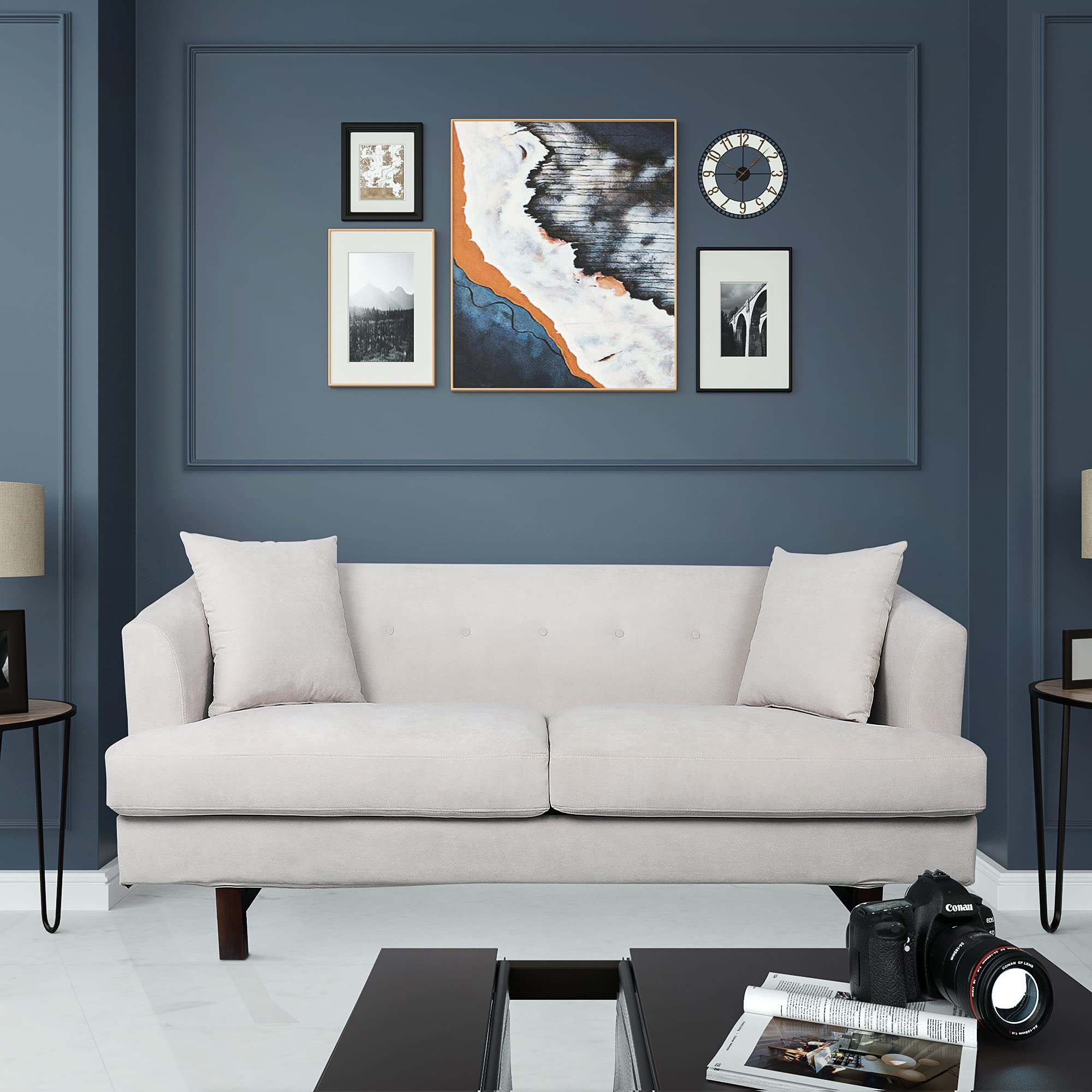 Mid-Century Modern Upholstered Loveseat Sofa with Tufted Buttons & Soft Cushions - Includes 2 Decorative Pillows - Perfect for Small Spaces, Apartments, Dorms & Living Rooms - White Contemporary Furniture for Cozy Home Decor