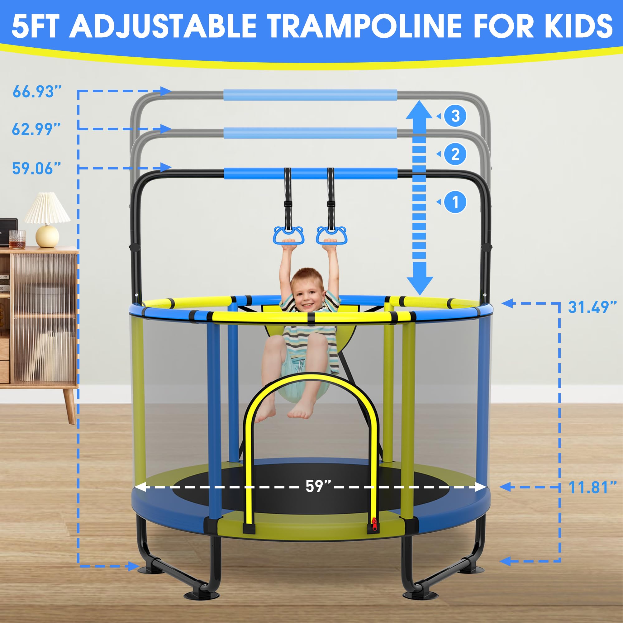 SKYUP 4.5/5/5.5FT Kids Trampoline with Safety Net - 400LBS Capacity Toddler Trampoline Set with Swing, Adjustable Gymnastics Bars & Basketball Hoop - Indoor/Outdoor Mini Trampoline for Boys & Girls Ages 3-8 | Perfect Birthday Gift & Backyard Play Equipment