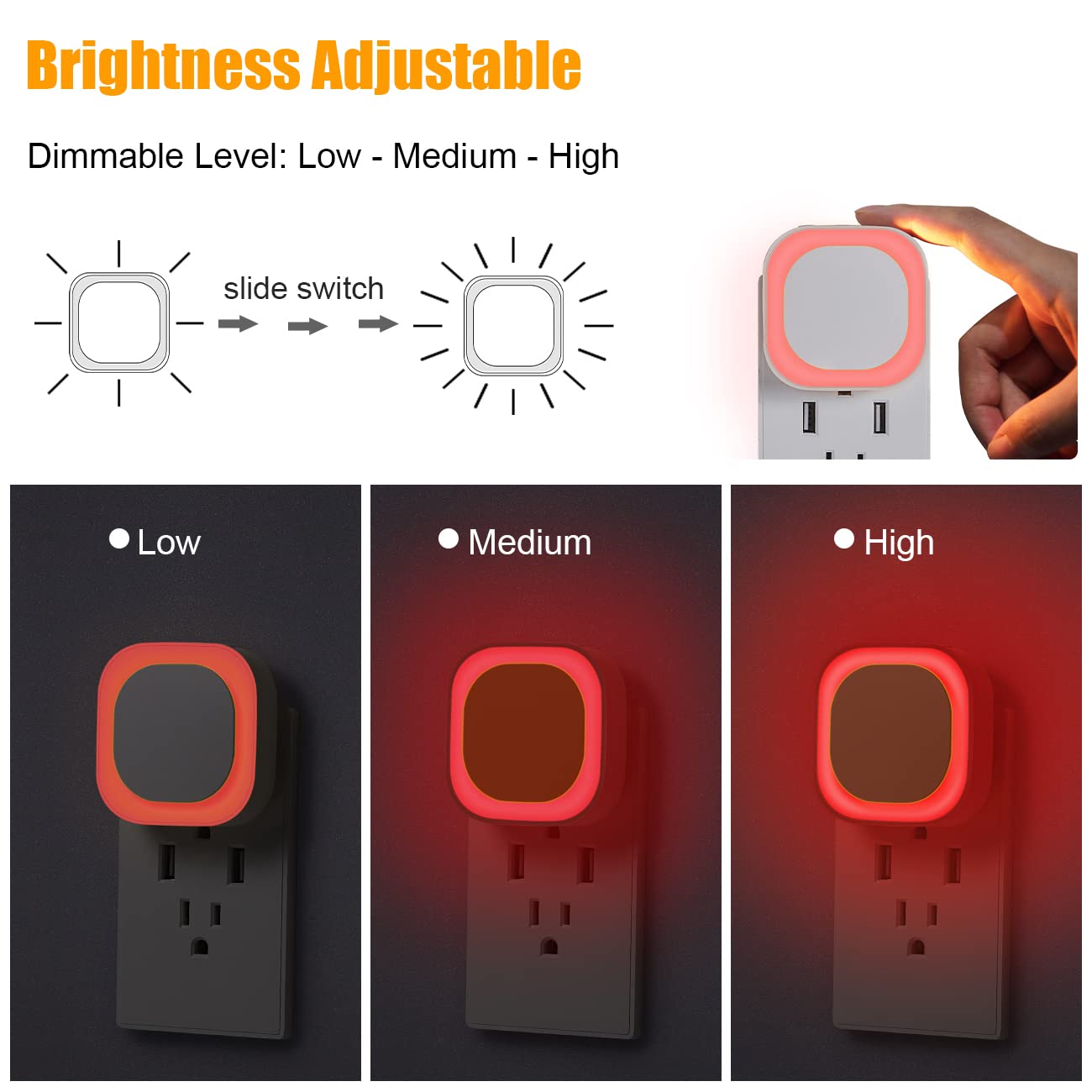 2 Pack Dimmable LED Night Light with Auto Dusk to Dawn Sensor - Soft Red Glow Square Plug-in Nightlight for Kids, Bathroom, Hallway, Bedroom & Kitchen - Perfect for Safe Nighttime Navigation and Gift Giving