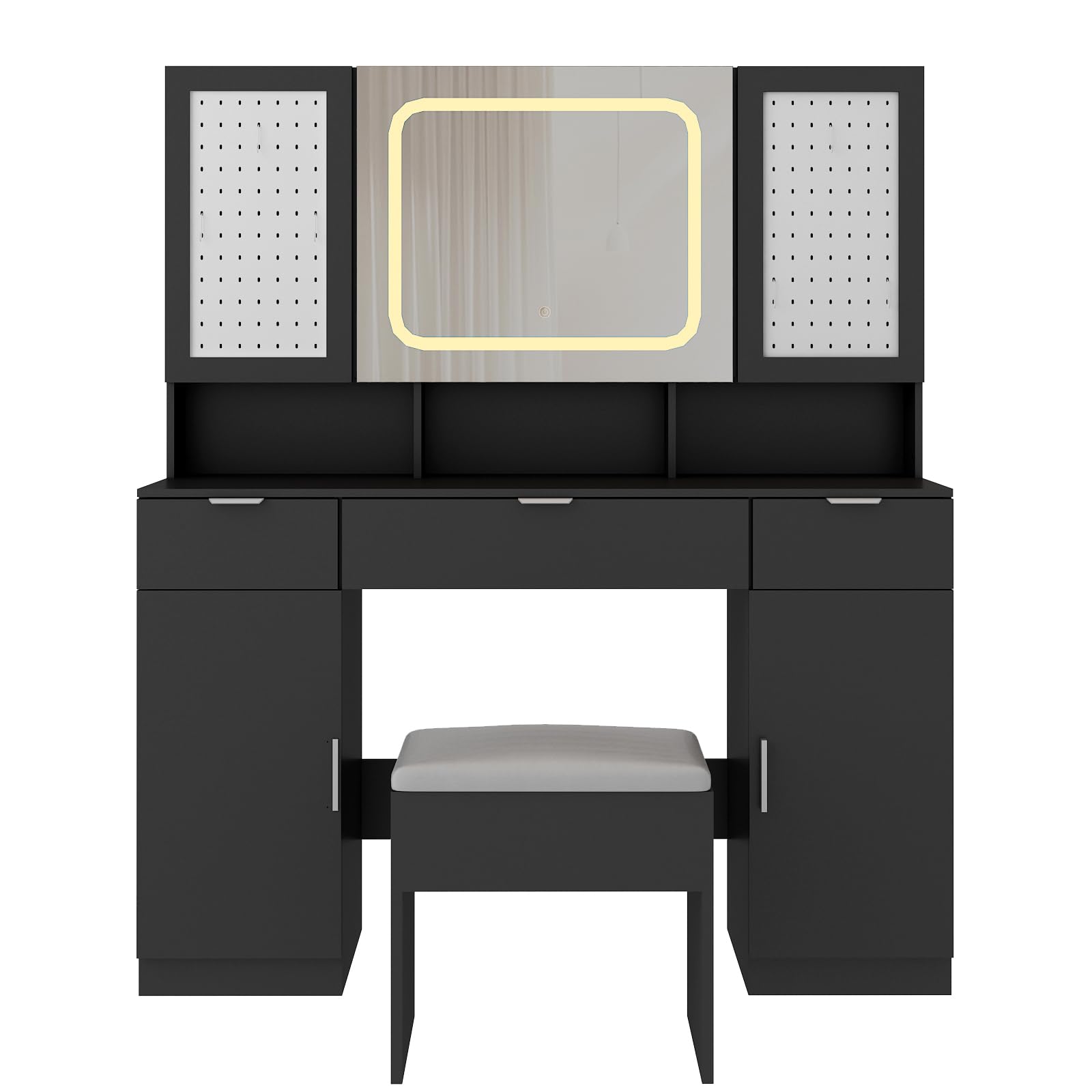 Karl Home Large Vanity Table Set with LED Lighted Mirror - Makeup Vanity Desk with Charging Station, Storage Cabinets & Drawers, Cushioned Stool - Perfect for Bedroom Makeup & Dressing Area - Black