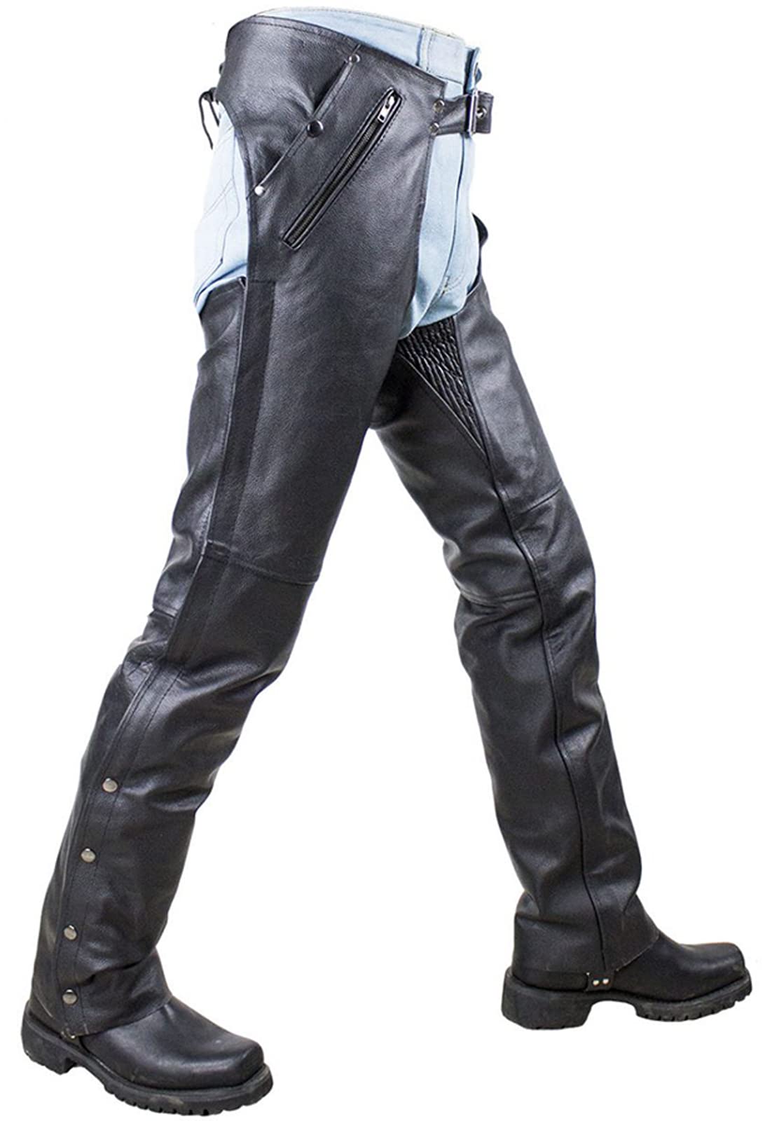 Black Leather Motorcycle Riding Chaps for Men & Women - Cowboy Biker Pants with Liner & 4 Pockets | Durable Protection for Harley, Cruiser & Adventure Riding
