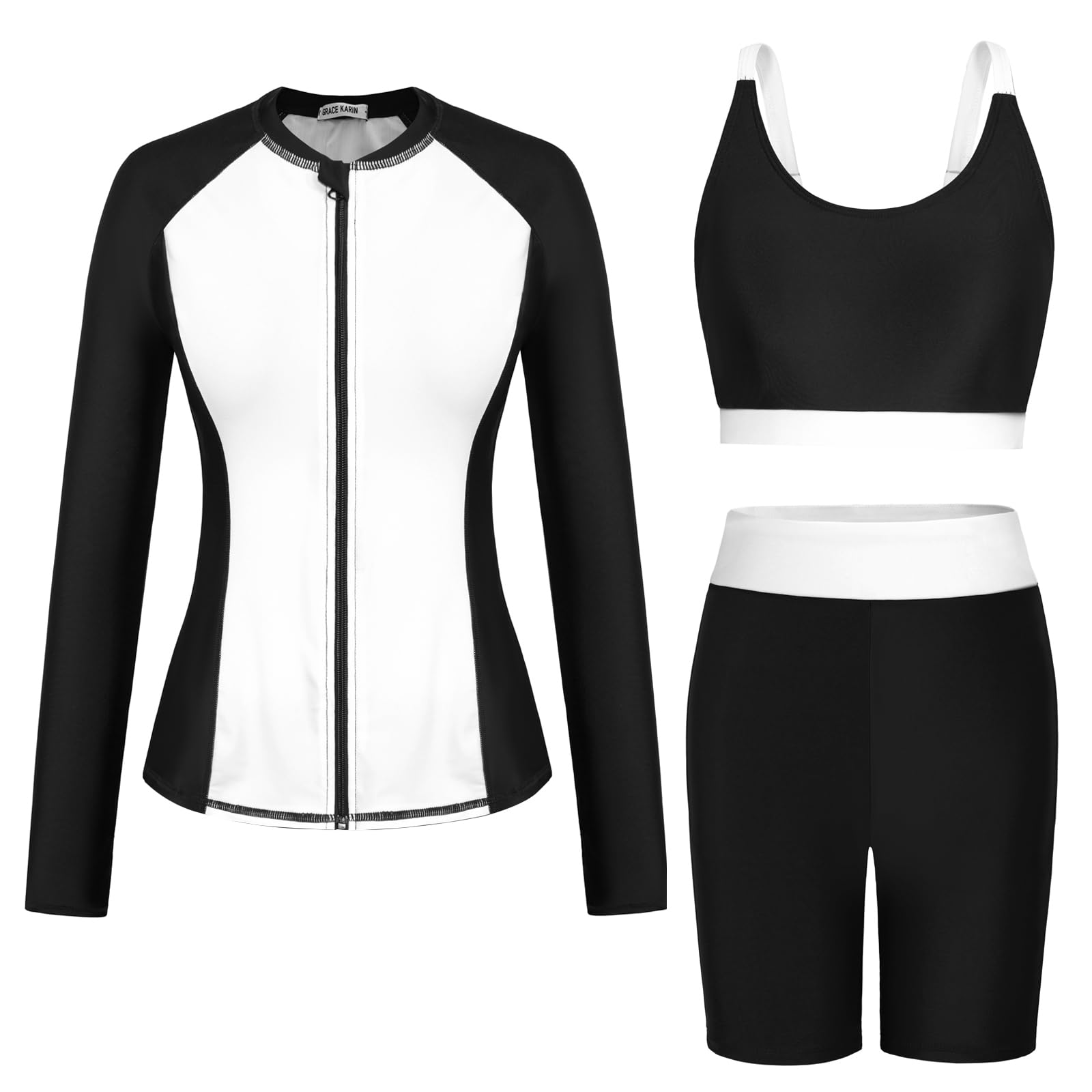 GRACE KARIN Women's 3 Piece Rash Guard Swimsuit Set with Built-in Bra, Long Sleeve UV Sun Protection, Zip Up Swim Top - Perfect for Surfing, Swimming & Beach Activities