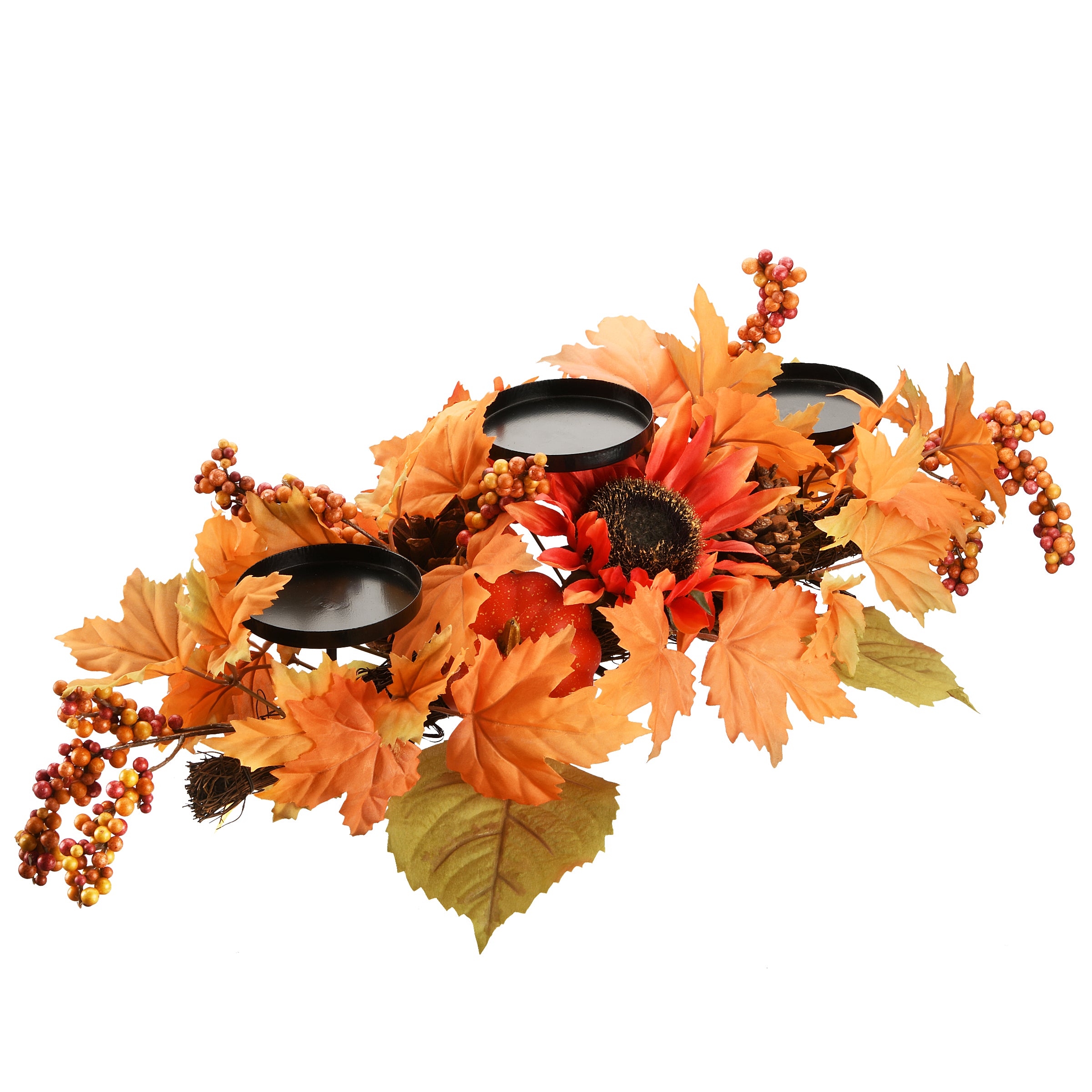 24 Inch Fall Centerpiece with 3 Candle Holders - Sunflower, Pinecone & Berry Decor for Thanksgiving Table, Autumn Home Decor, Seasonal Dining Room Decoration