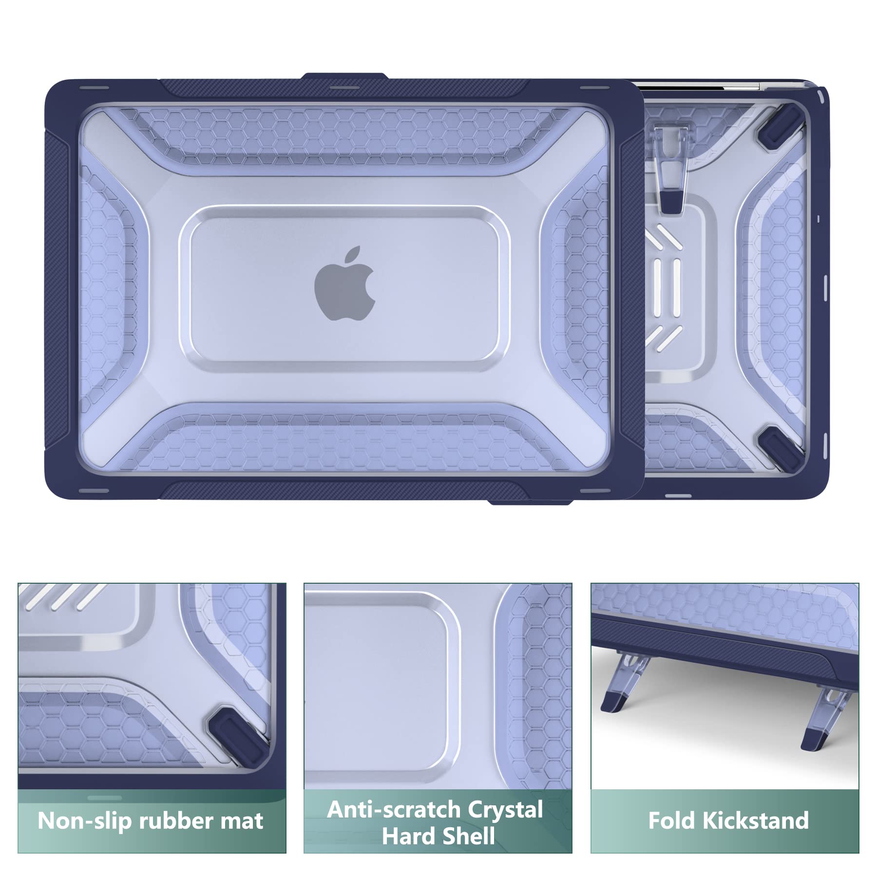 DONGKE Heavy Duty Rugged Hard Shell Case with Kickstand for MacBook Air 13 Inch (A2337 M1 A2179 A1932 2021-2018) - Protective TPU Bumper Cover Compatible with Retina Display & Touch ID, Navy Blue - Perfect for Travel, Office & School Use
