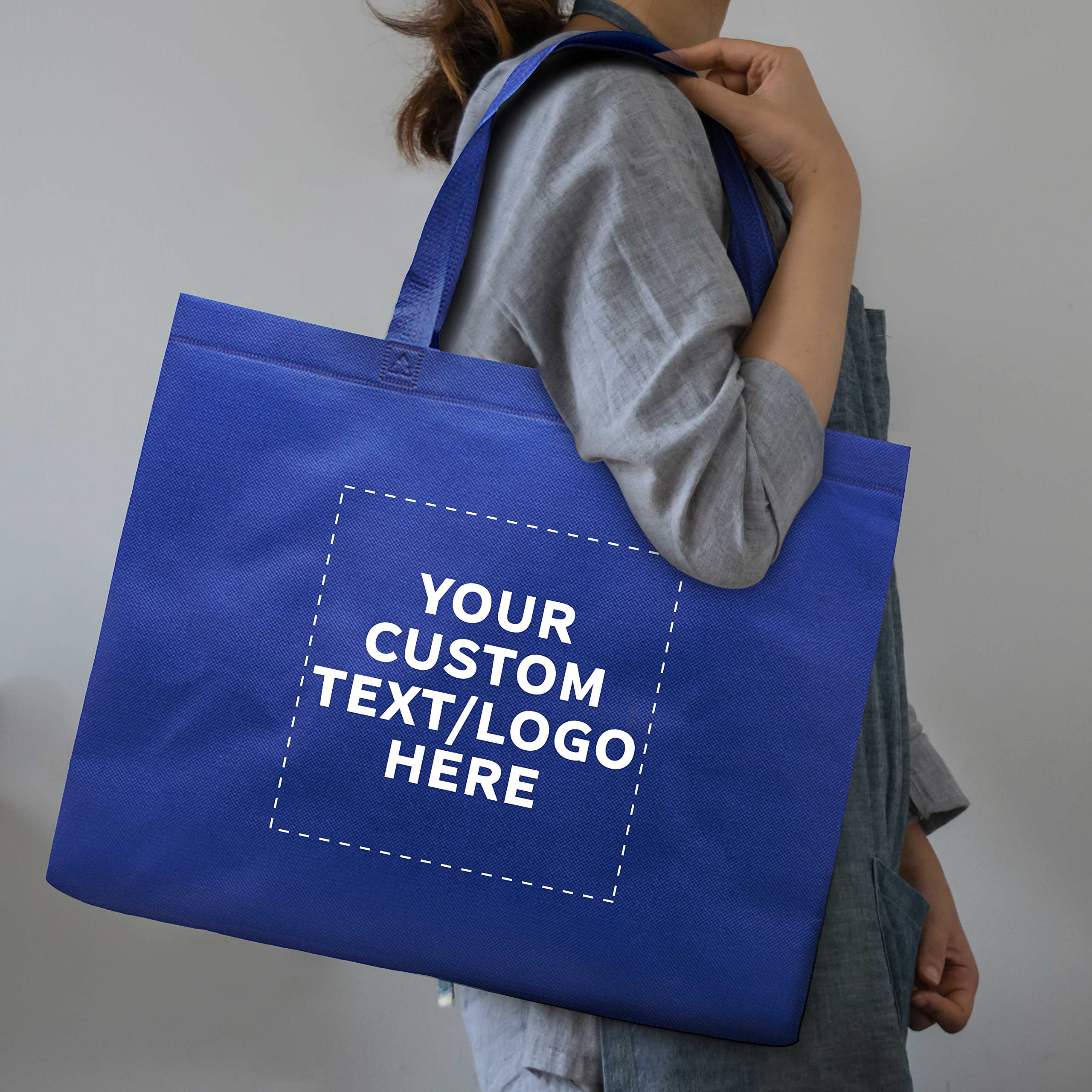 Custom Jumbo Reusable Tote Bags Bulk Pack - 100 Personalized Grocery & Shopping Bags for Women - Promotional Items & Giveaways - Eco-Friendly Blue Totes for Shopping, Events & Branding