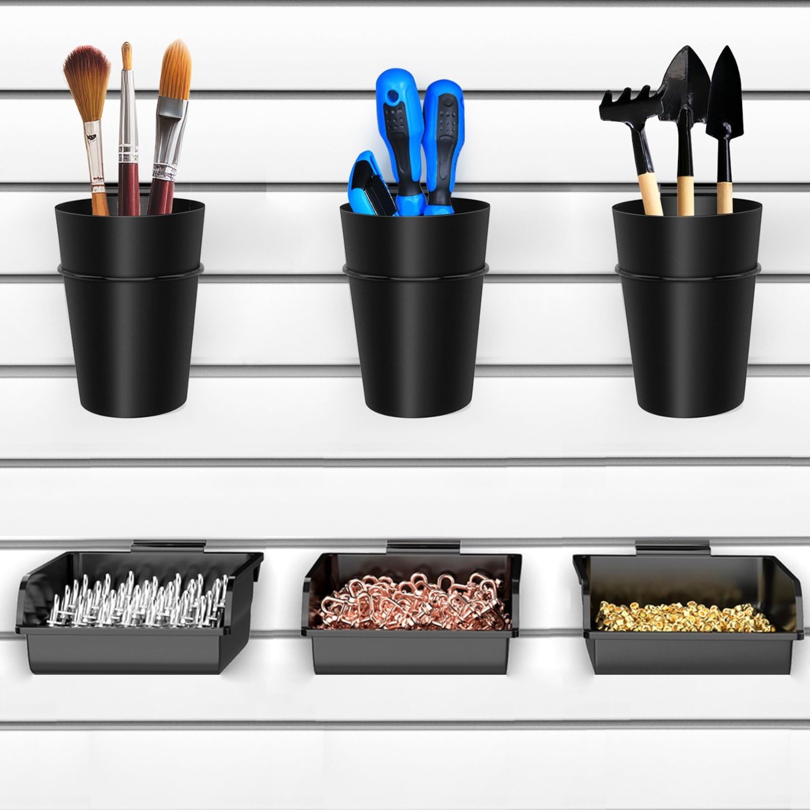 Slatwall Organizer Set - 6 Black Wall Bins with Hooks & Loops for Garage, Craft Room, Workshop & Office Storage | Durable Slatwall Accessories for Tools, Supplies & Equipment Organization