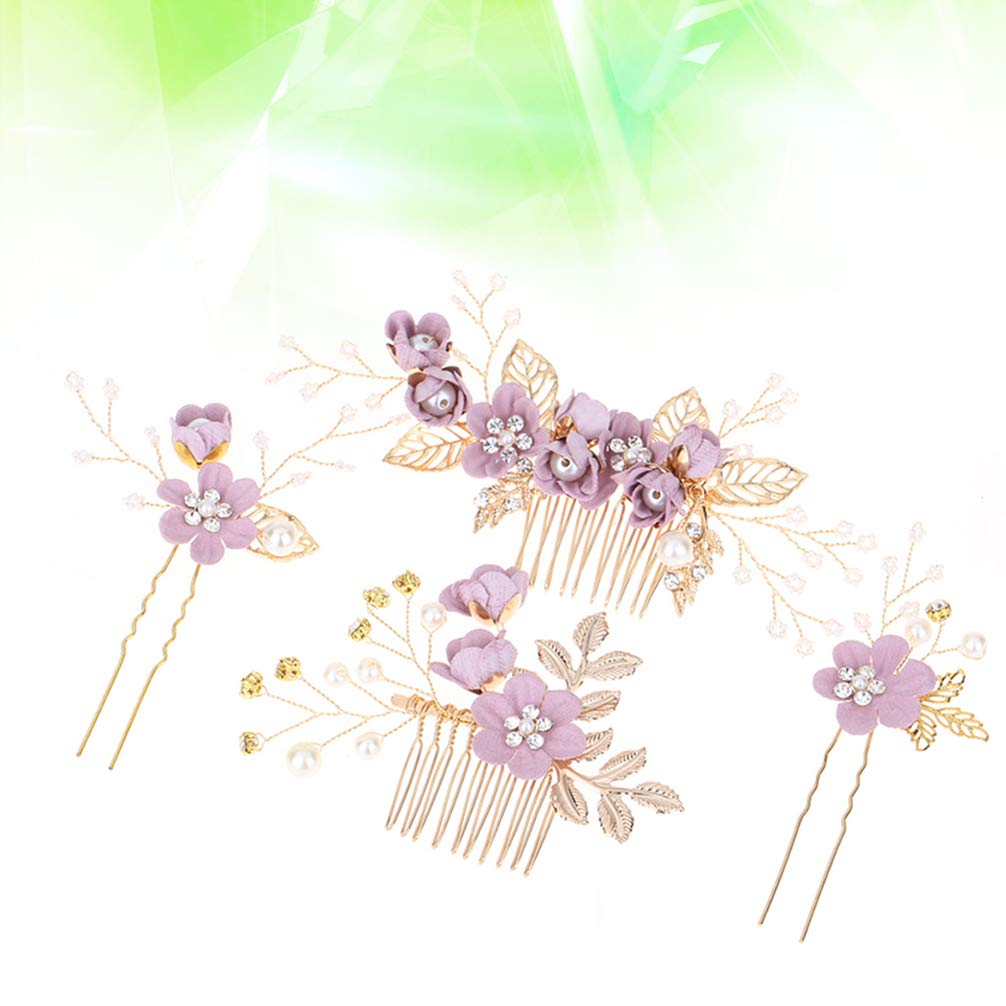 NUOBESTY 4Pcs Rhinestone Crystal Floral Wedding Hair Comb Set - Bridal Hair Clips & Pins for Bride, Prom, Party Accessories (Purple) | Perfect for Weddings, Bridal Showers, Formal Events & Special Occasions