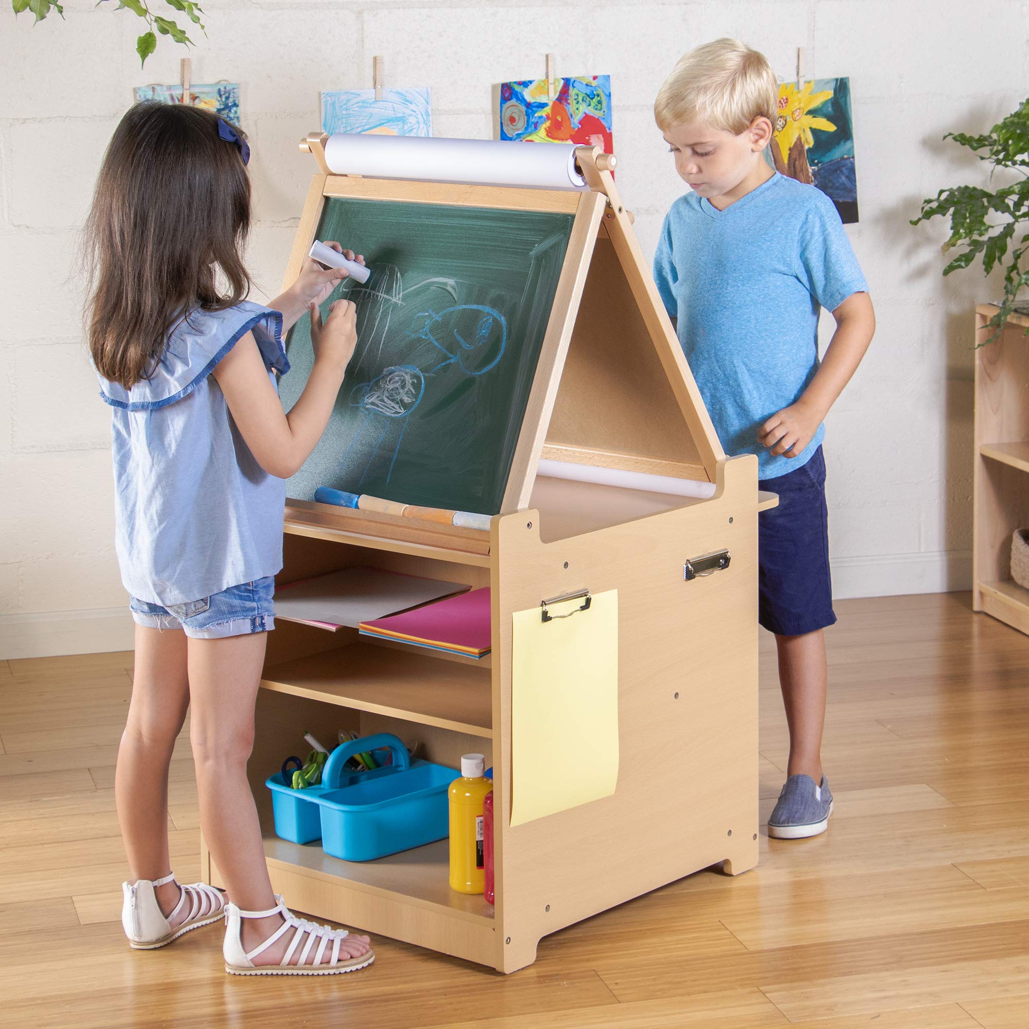 Guidecraft Kids Folding Art Easel & Craft Storage Cart with Chalkboard, Whiteboard & Fabric Bins - Wooden Toddler Activity Desk for Classroom, Homeschool & Playroom | Perfect for Drawing, Painting & Creative Play