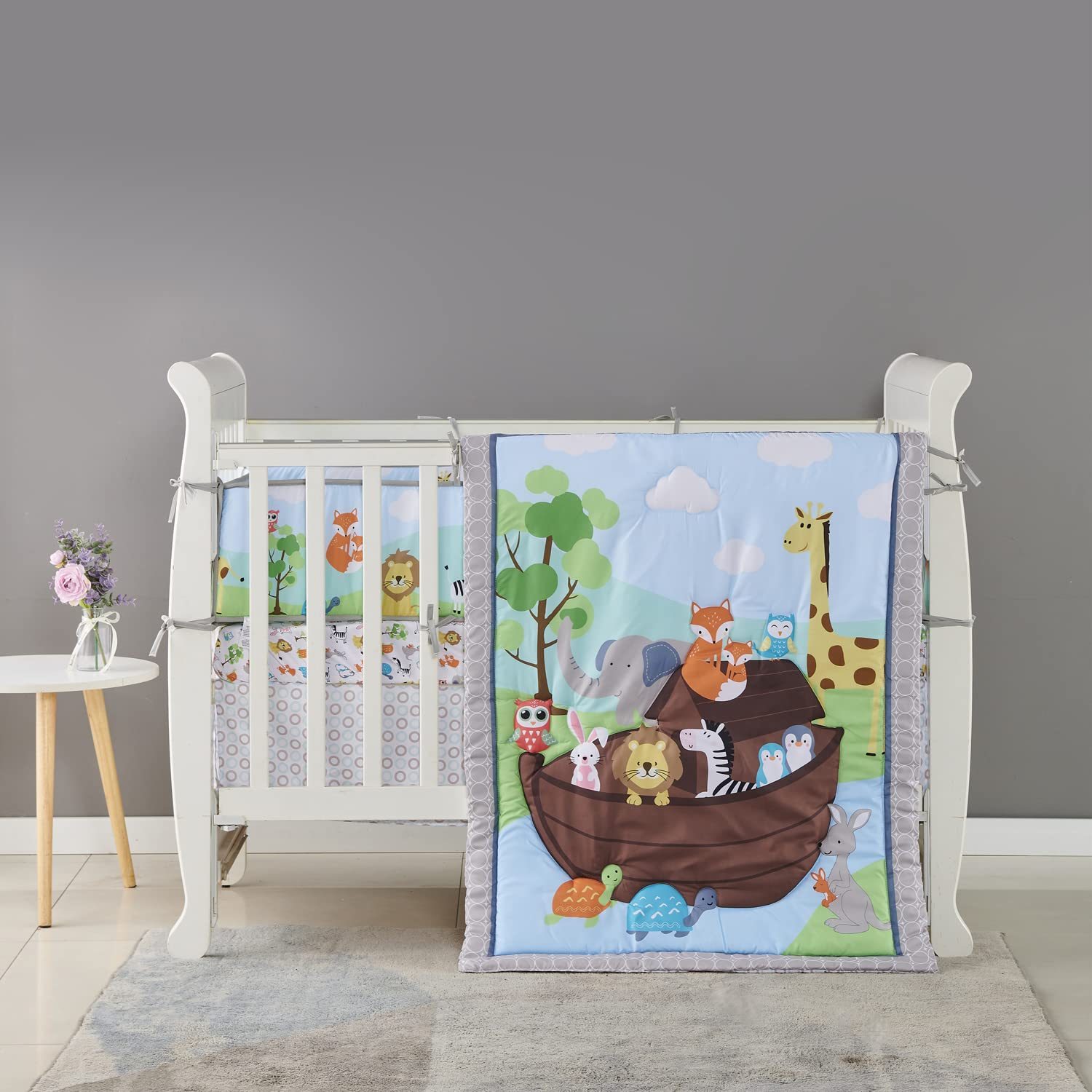 Noah's Ark Baby Boy Nursery Crib Bedding Set 7-Piece - Forest Animal Safari Theme Cotton Crib Sheets & Bed Skirt by JAHbaby - Perfect for Newborns, Infants & Toddlers' Cozy Nursery Decor